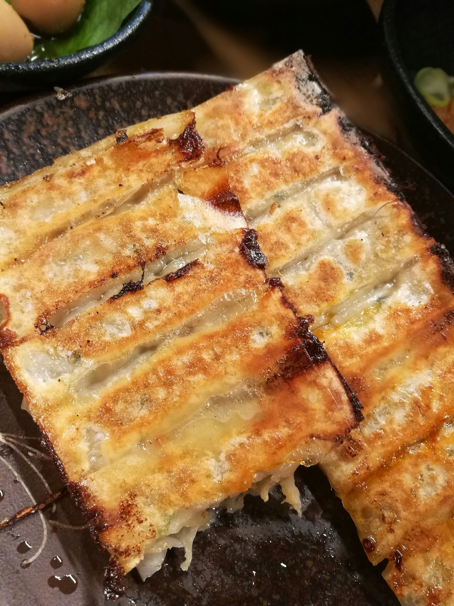 Primo piano di gyoza grigliato su un piatto