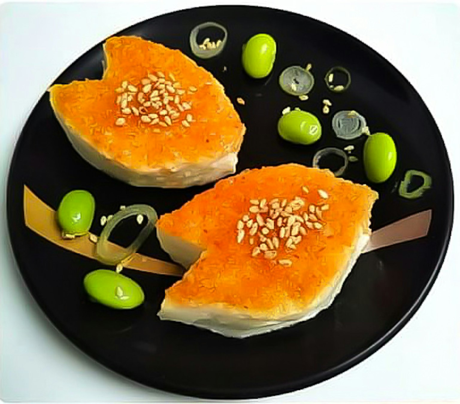 Dessert a forma di pesce con copertura arancione guarnito con semi di sesamo su un piatto nero
