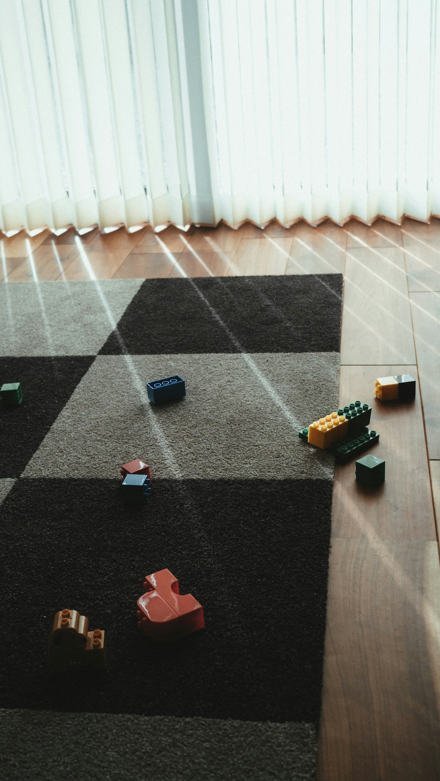 Các khối màu sắc rải rác trên sàn với tia nắng mặt trời