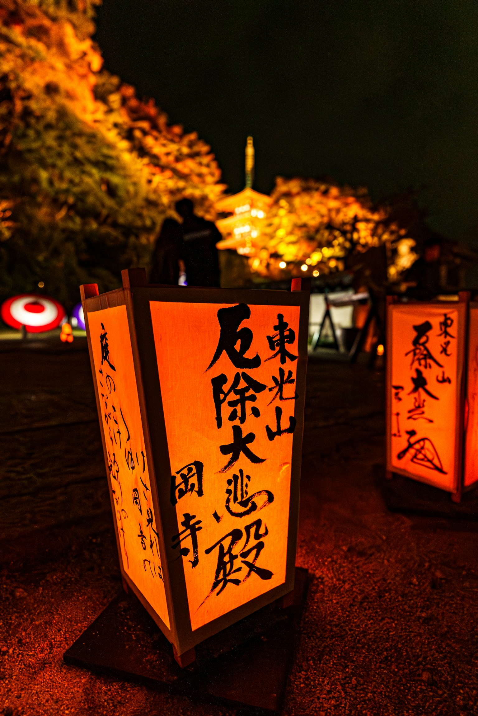 Orange Laternen in einem Park bei Nacht mit Bäumen im Hintergrund