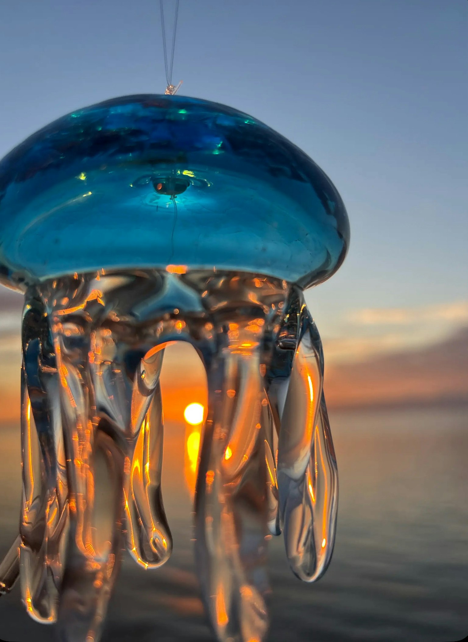 青いクラゲのオブジェが夕日を背景に浮かんでいる