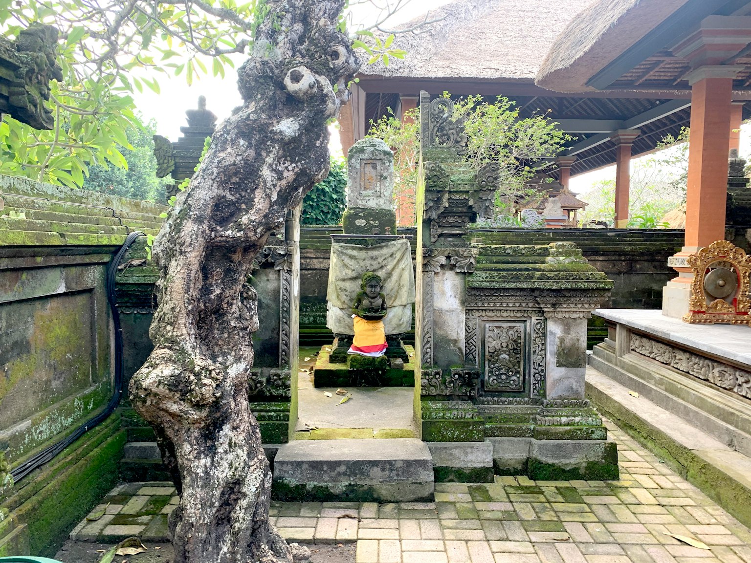 오래된 사원 정원의 돌 조각과 나무 줄기의 풍경