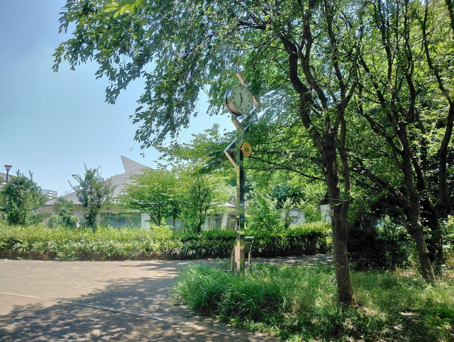Escena de parque verde con un cartel rodeado de árboles