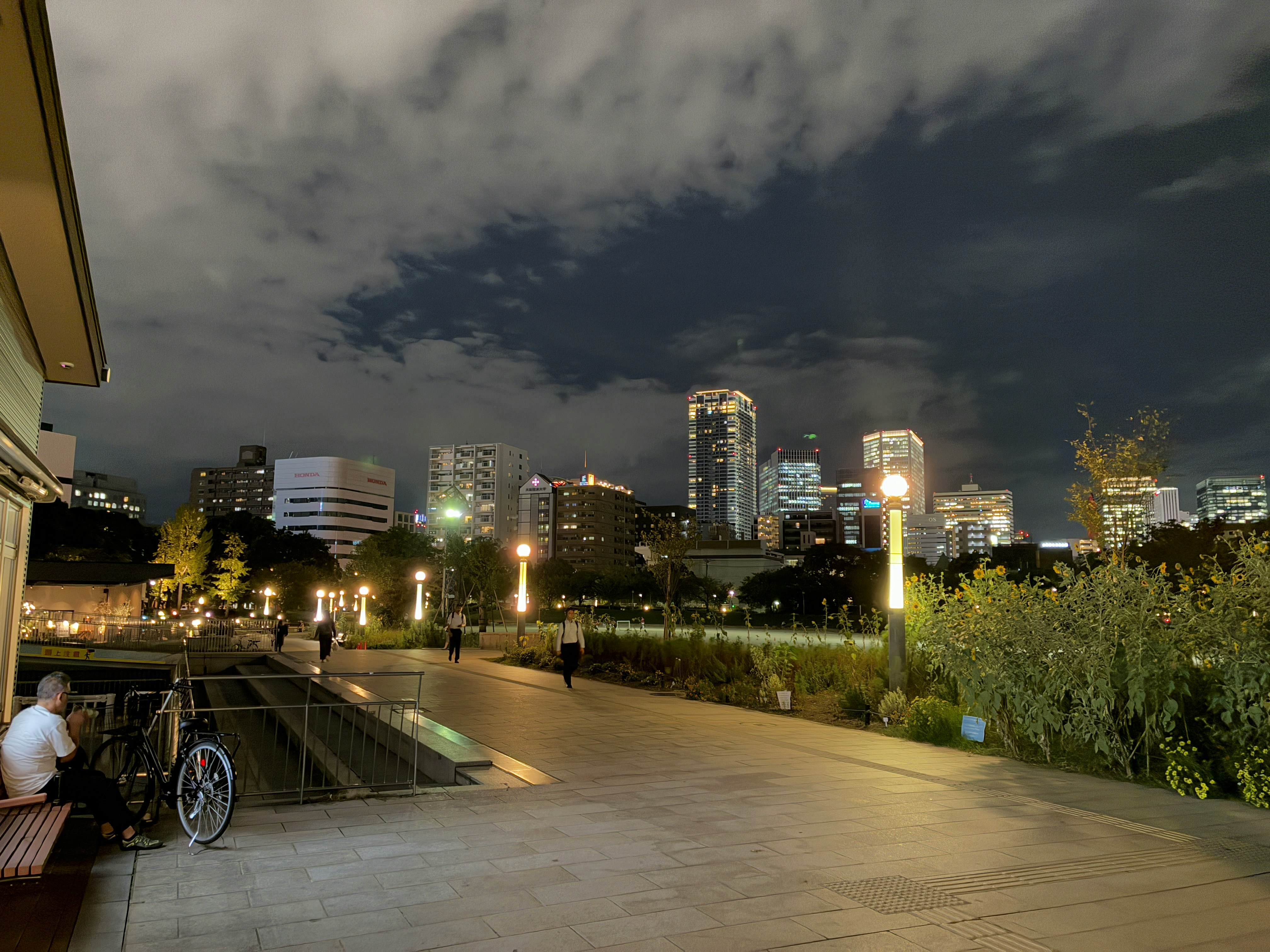 扇町公園からの夜景と街の高層ビル群