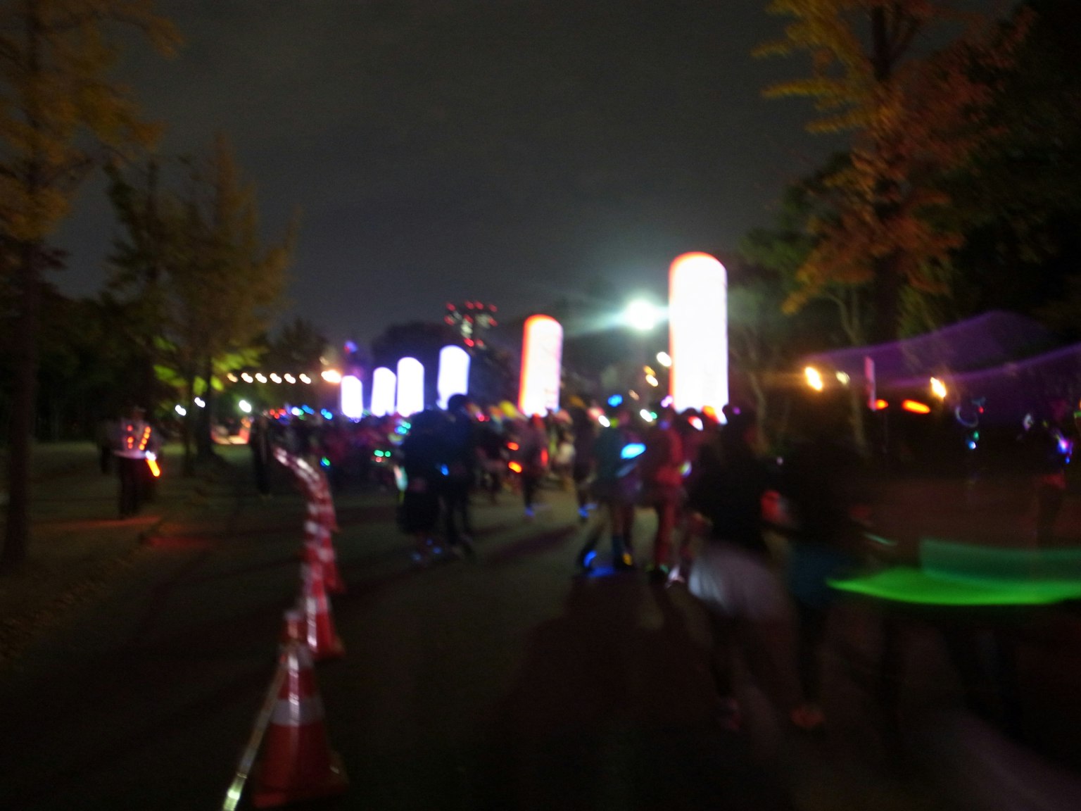 People walking in a park at night with glowing decorations