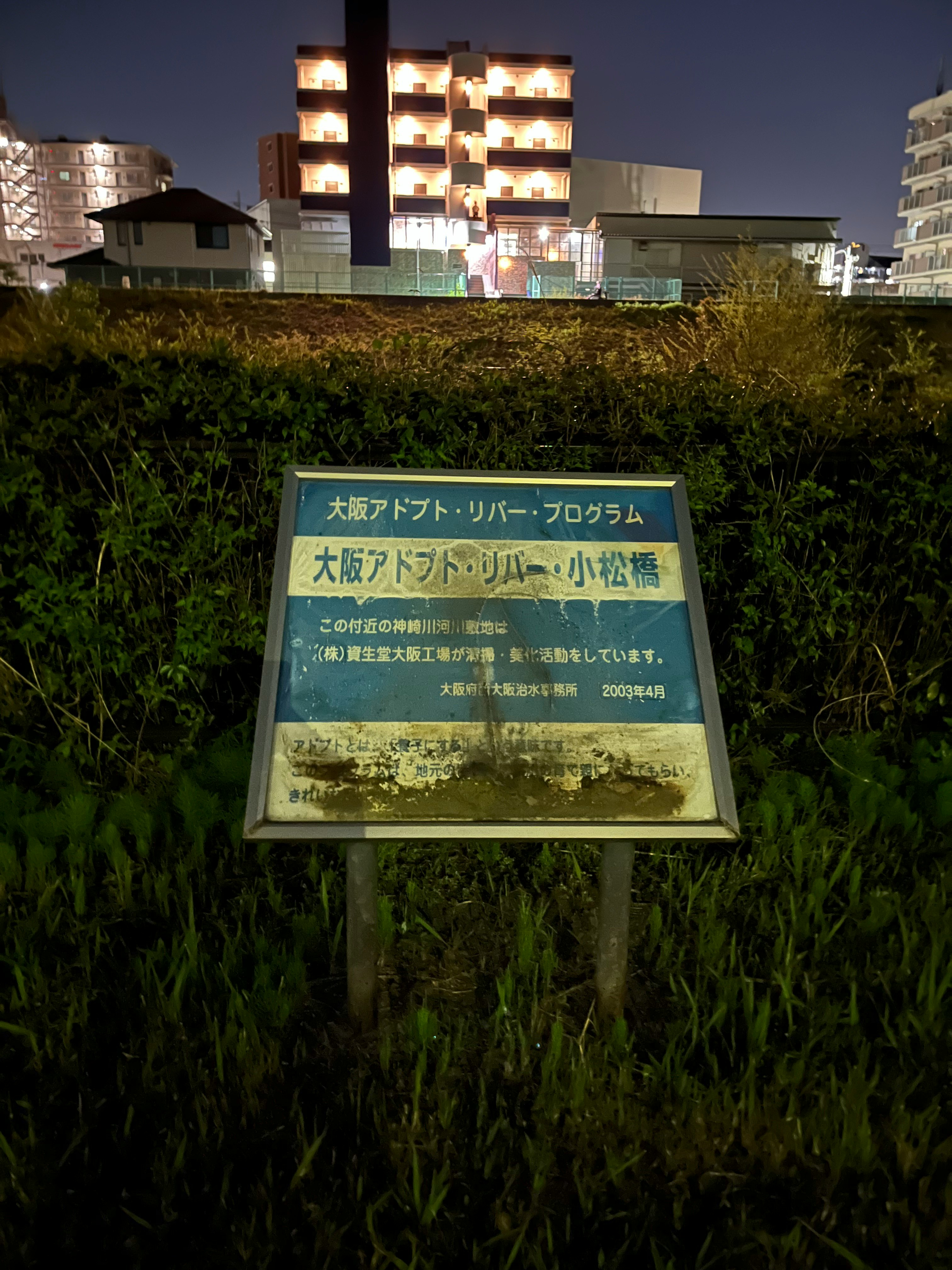 芝生の中に立つ案内板と建物の夜景