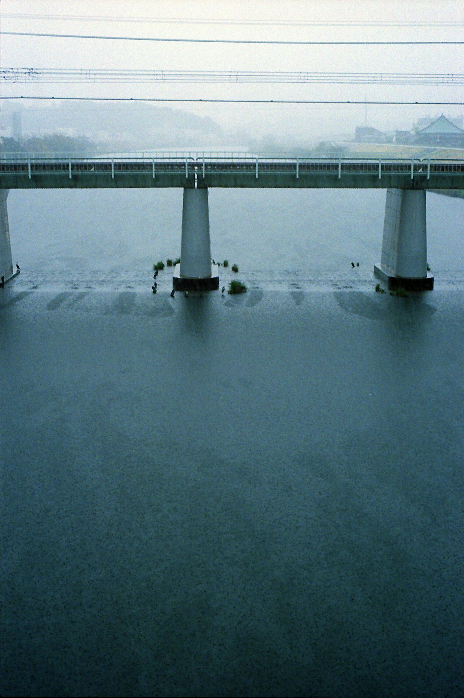 Bridge over a calm water surface in the rain