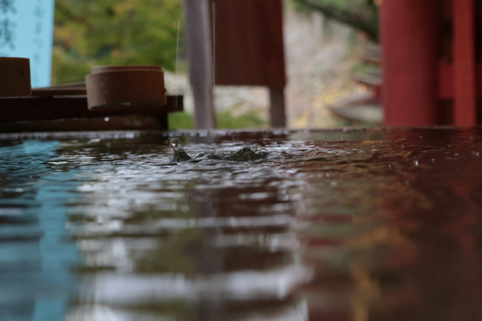 Scène calme avec des reflets d'une structure rouge et d'un arrière-plan vert sur la surface de l'eau