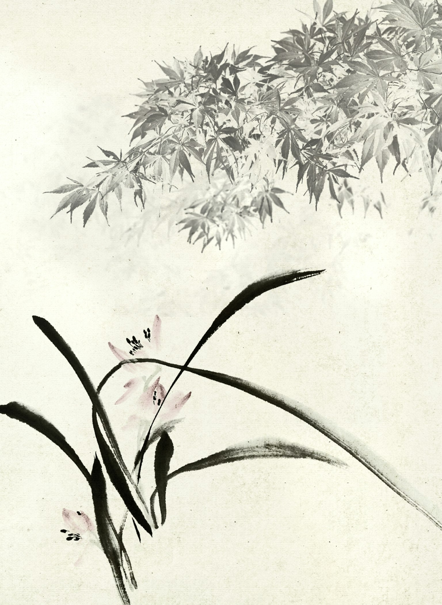柔和色调的日本画描绘了竹子和花朵