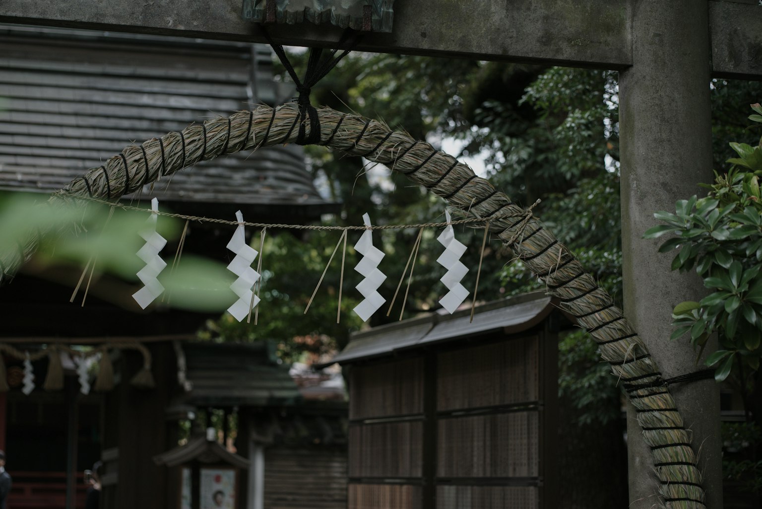Shimenawa y decoraciones blancas colgando de la puerta torii de un santuario