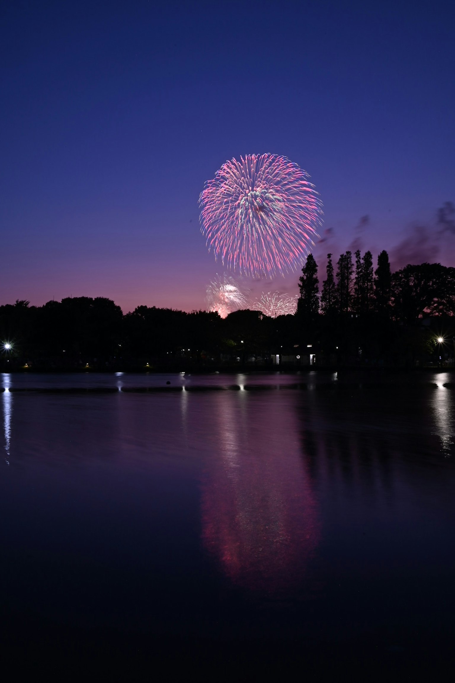 夜空中绽放的绚丽烟花在宁静湖面上的倒影