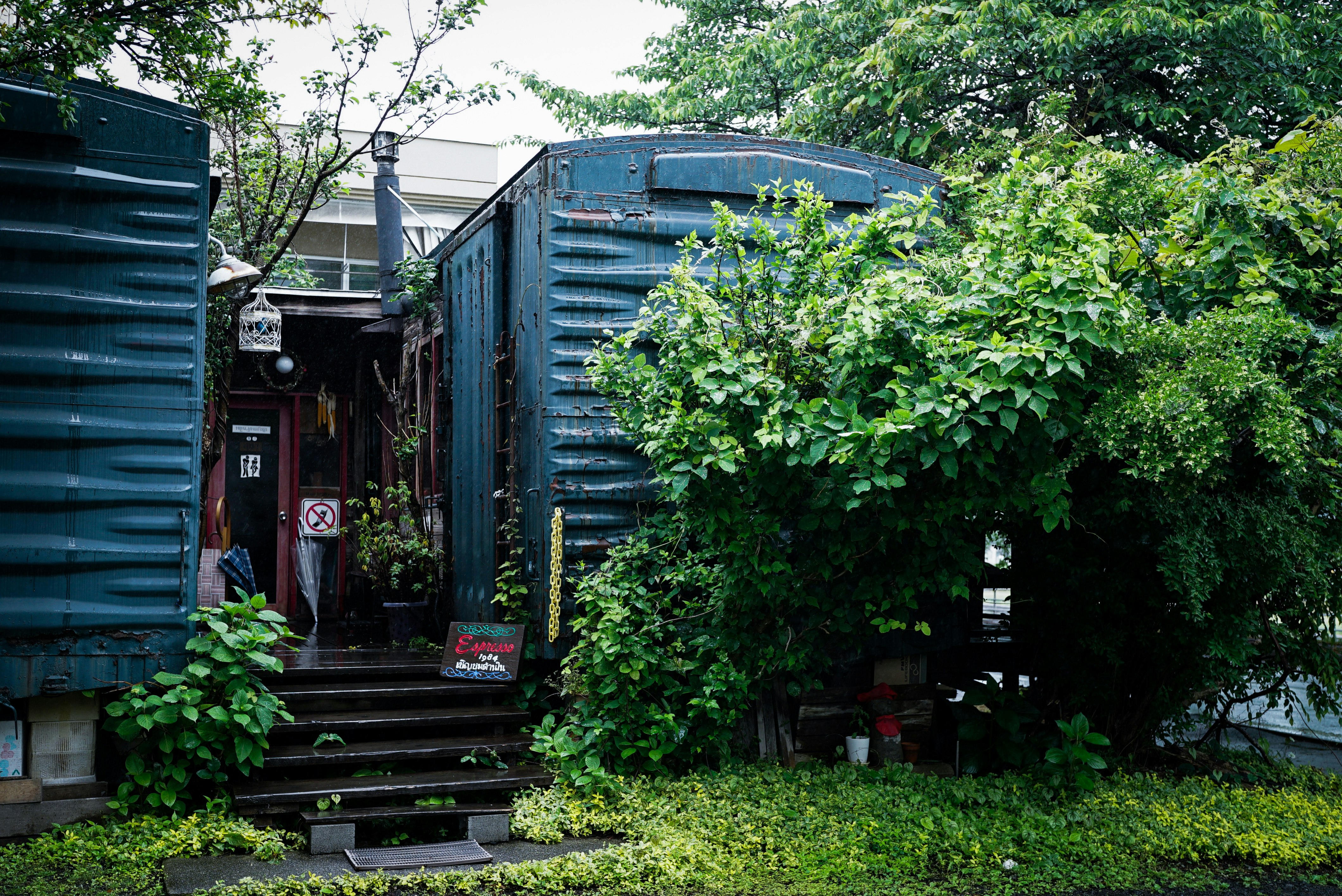 山形の緑に囲まれた路地のカフェ入口