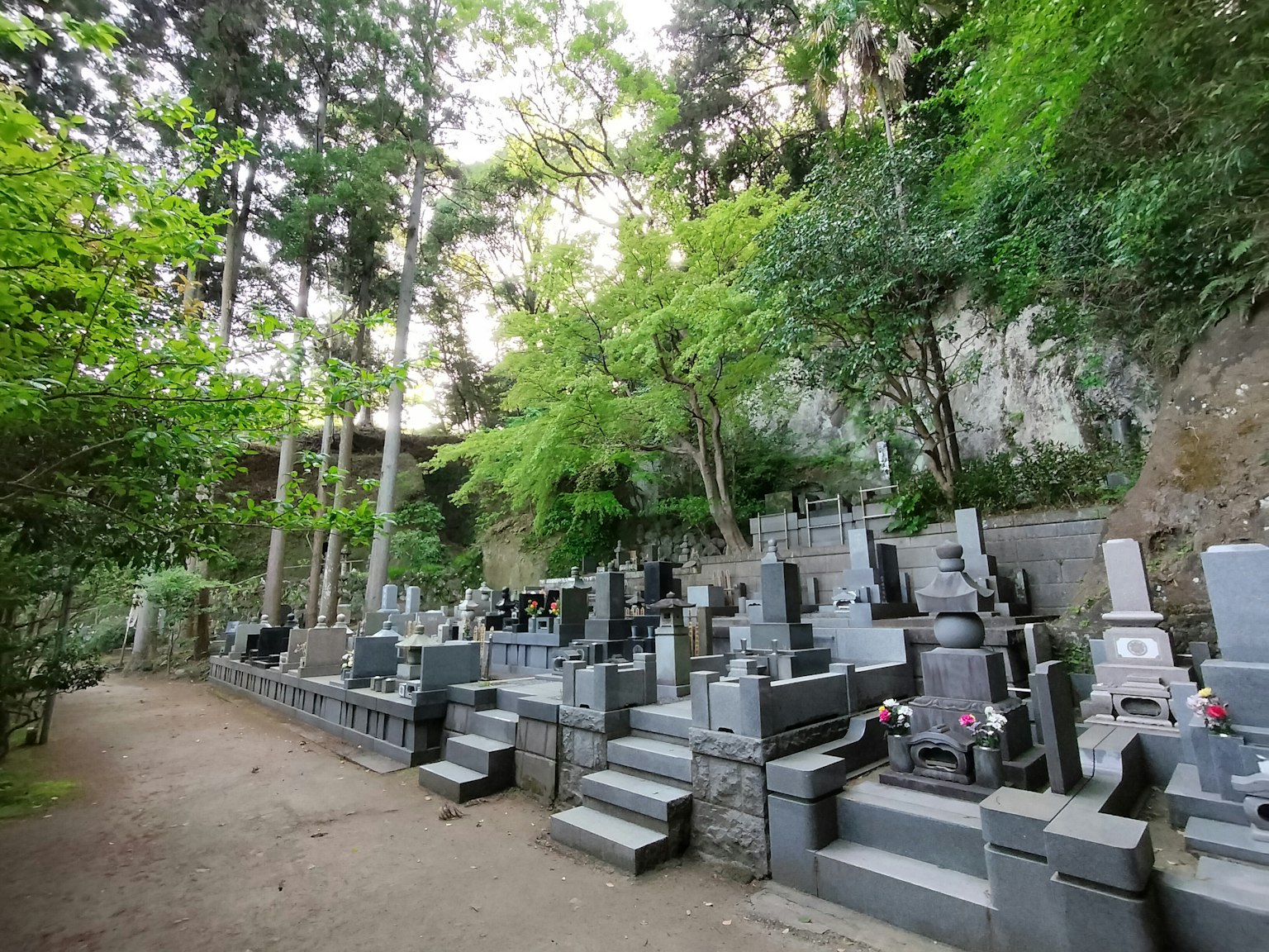 Une scène de cimetière sereine entourée de verdure avec des rangées de pierres tombales