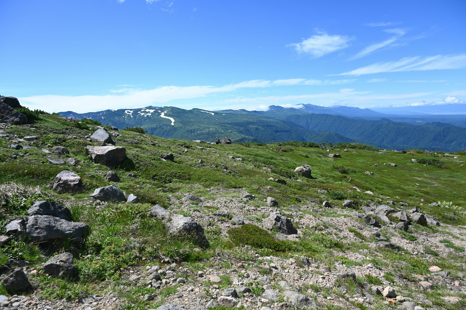 Prato verde lussureggiante con rocce sparse e montagne in lontananza
