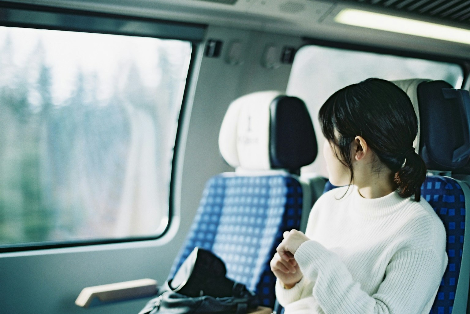 기차 안에서 창밖을 바라보는 여성 청색 체크무늬 좌석이 있는