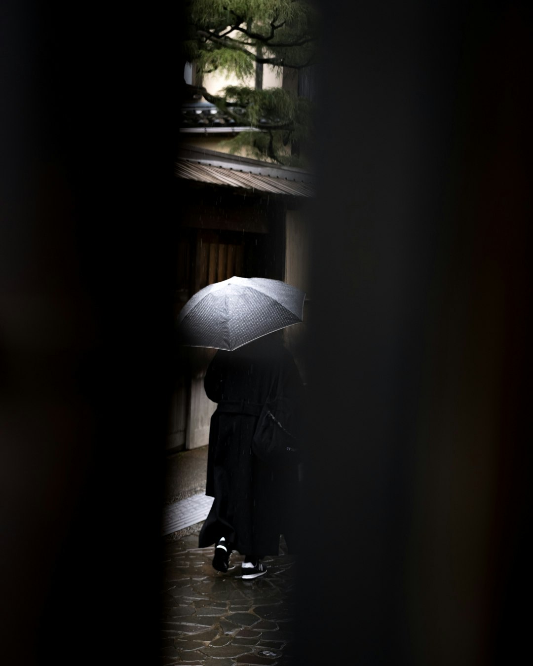 雨の日の路地を傘をさして歩く人の後ろ姿