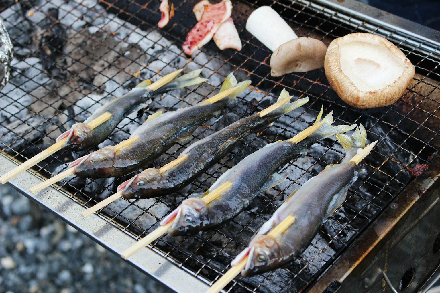 Gegrillter Fisch und Gemüse auf einem Spieß