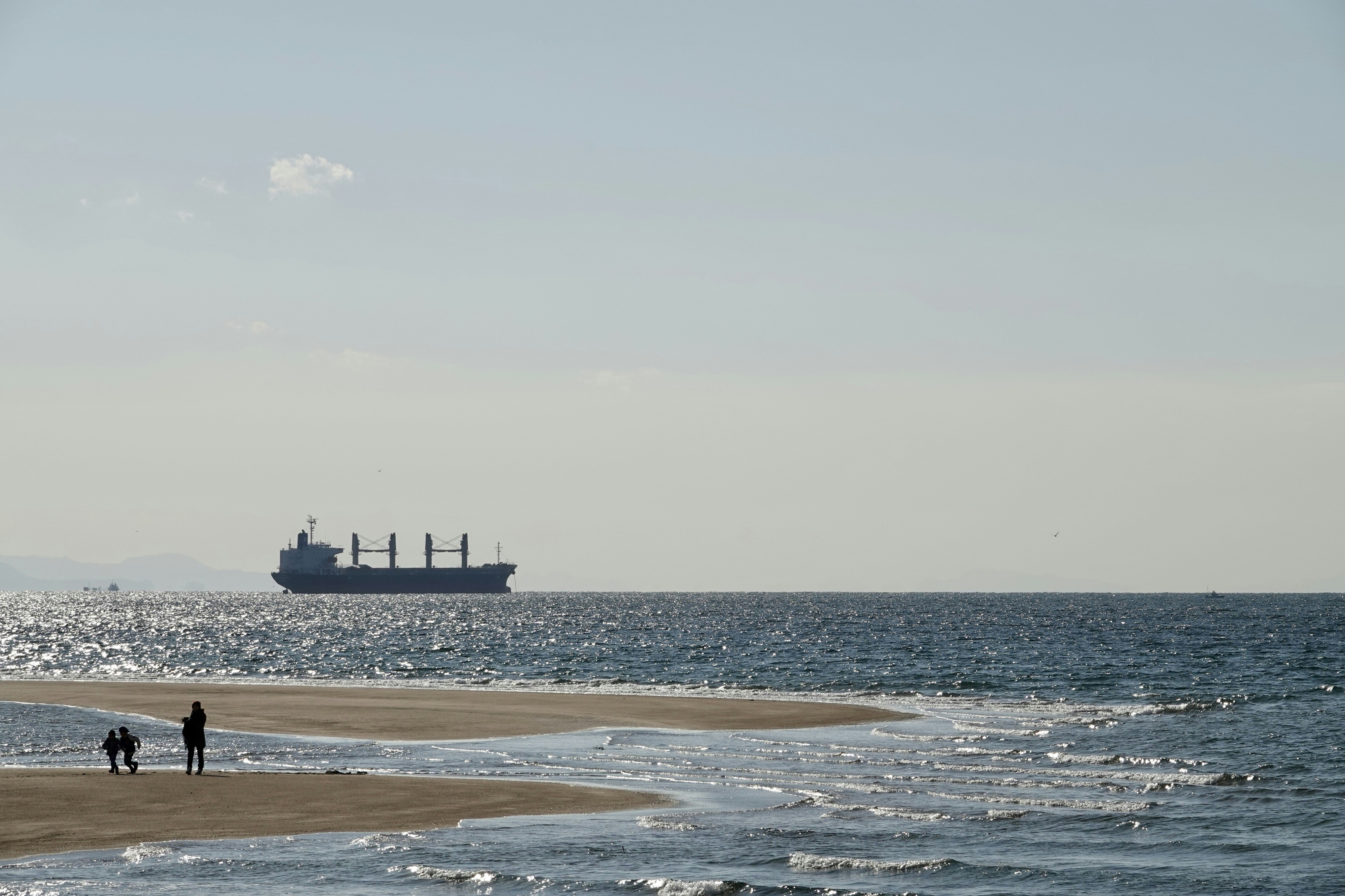 砂浜と沖合に浮かぶ桟橋のある海辺の風景