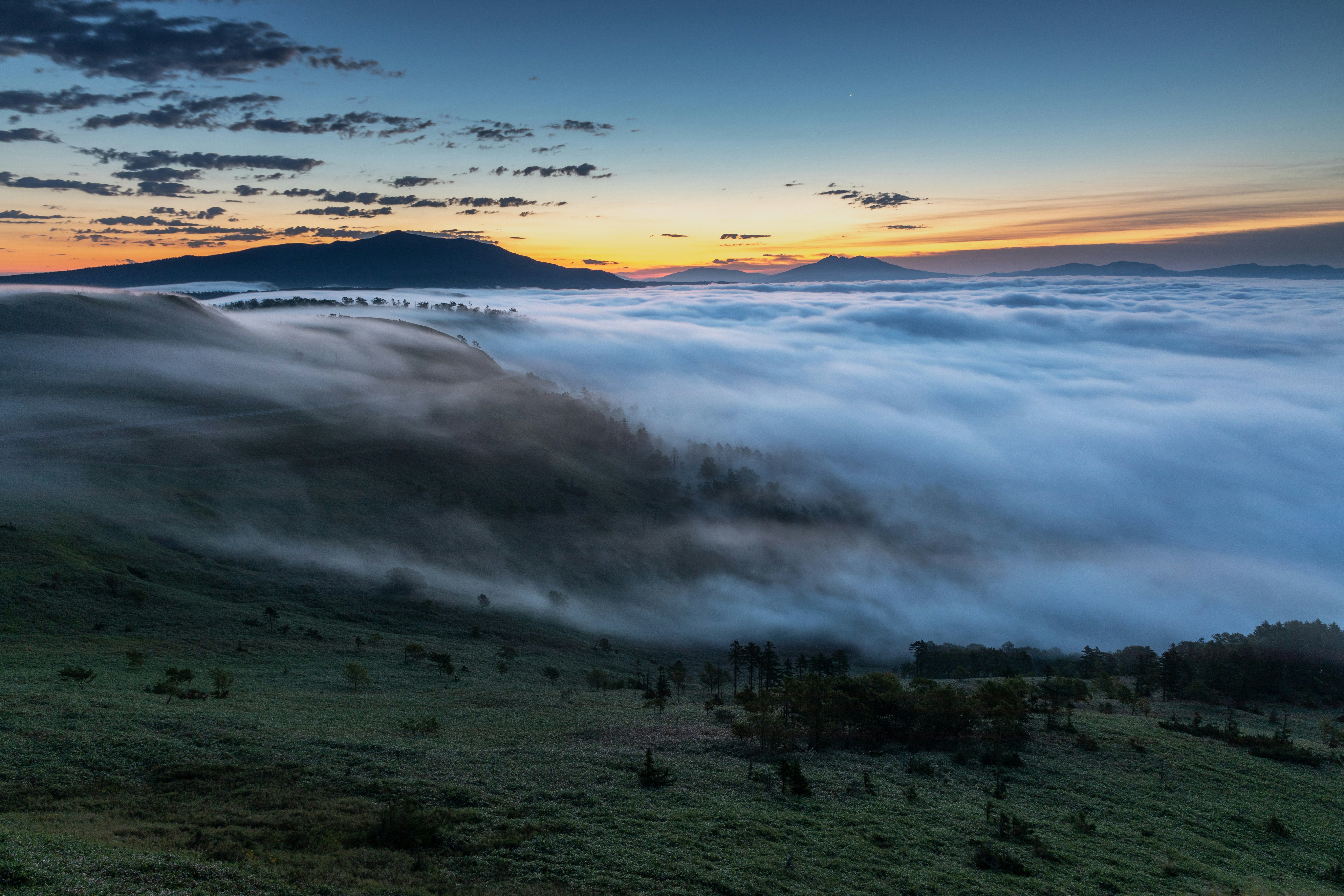 pradera brumosa y montañas a lo lejos al atardecer