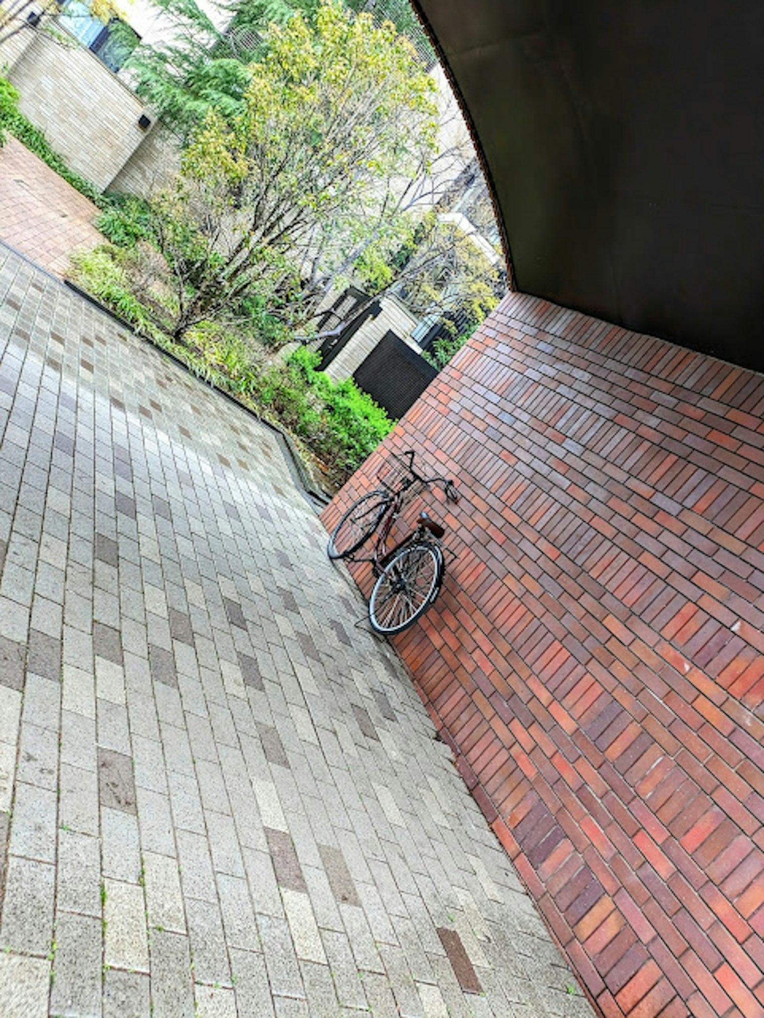 停放在磚牆旁的小路上的自行車