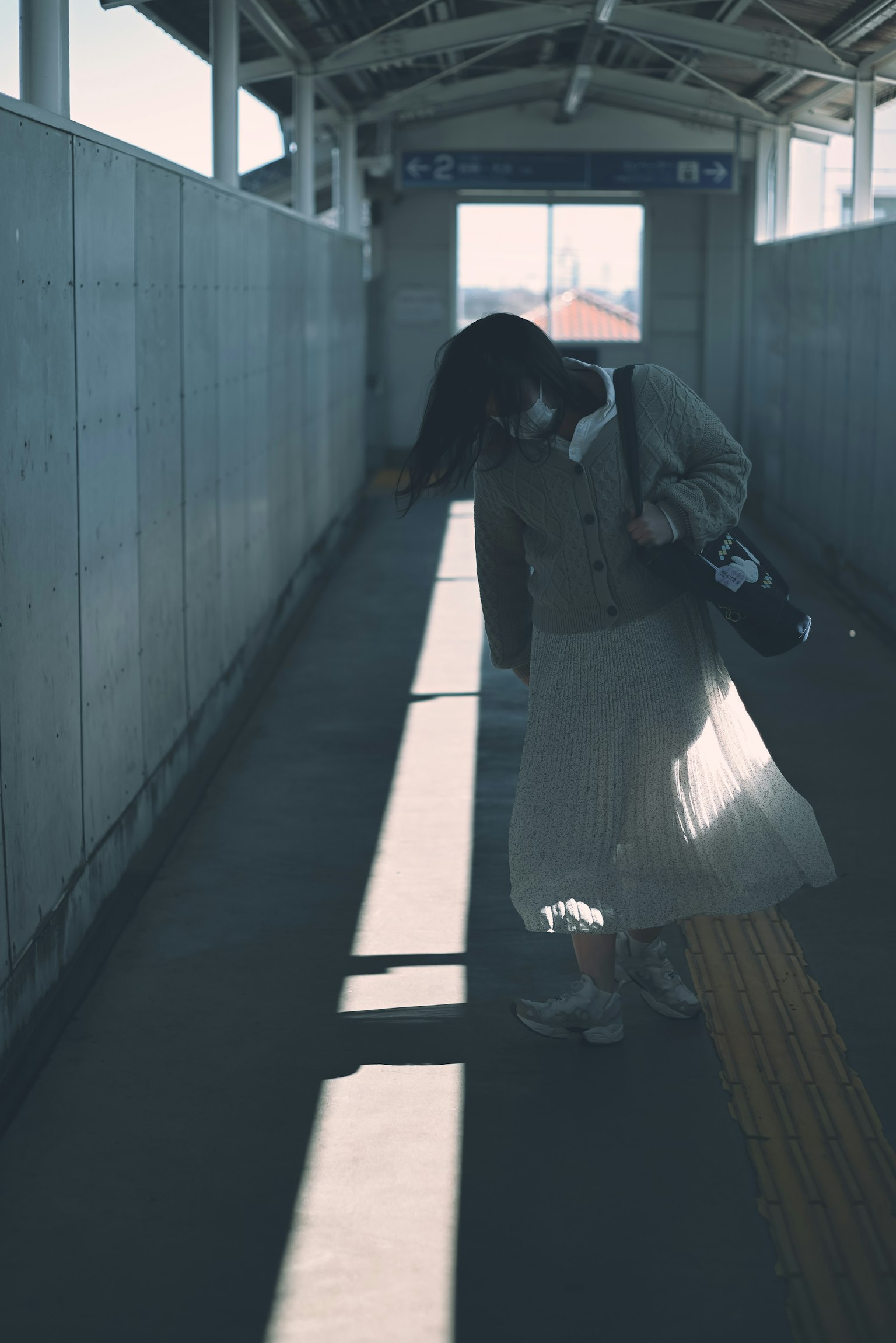 Una donna in gonna che cammina su una piattaforma ferroviaria