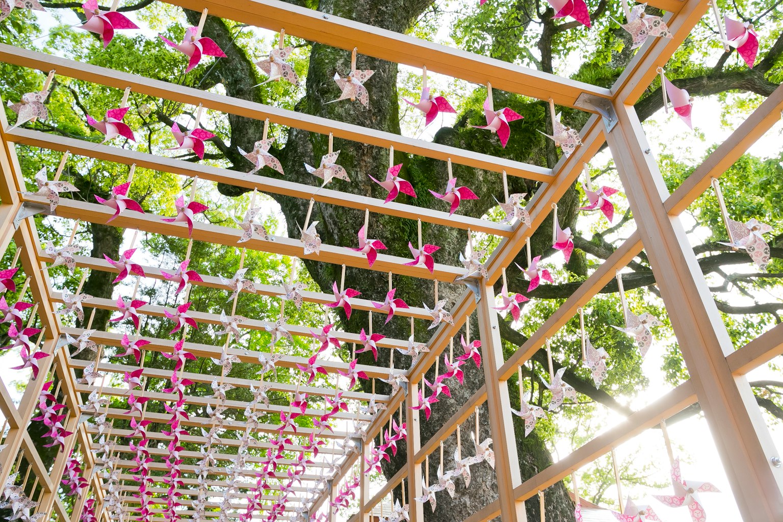 Grullas de origami coloridas colgadas debajo de una estructura de madera bajo un árbol