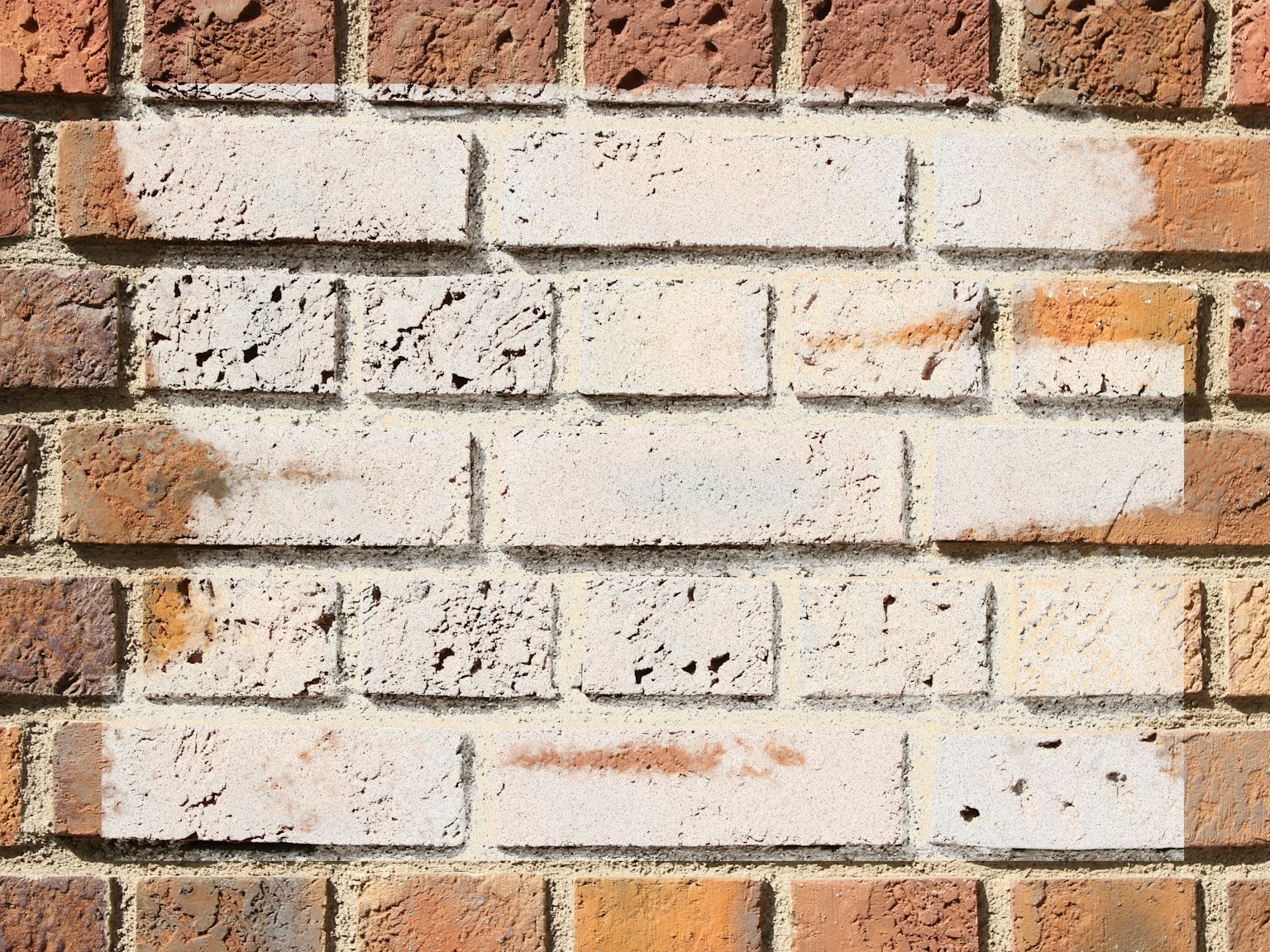 Pared de ladrillos texturizada con variaciones de color y manchas