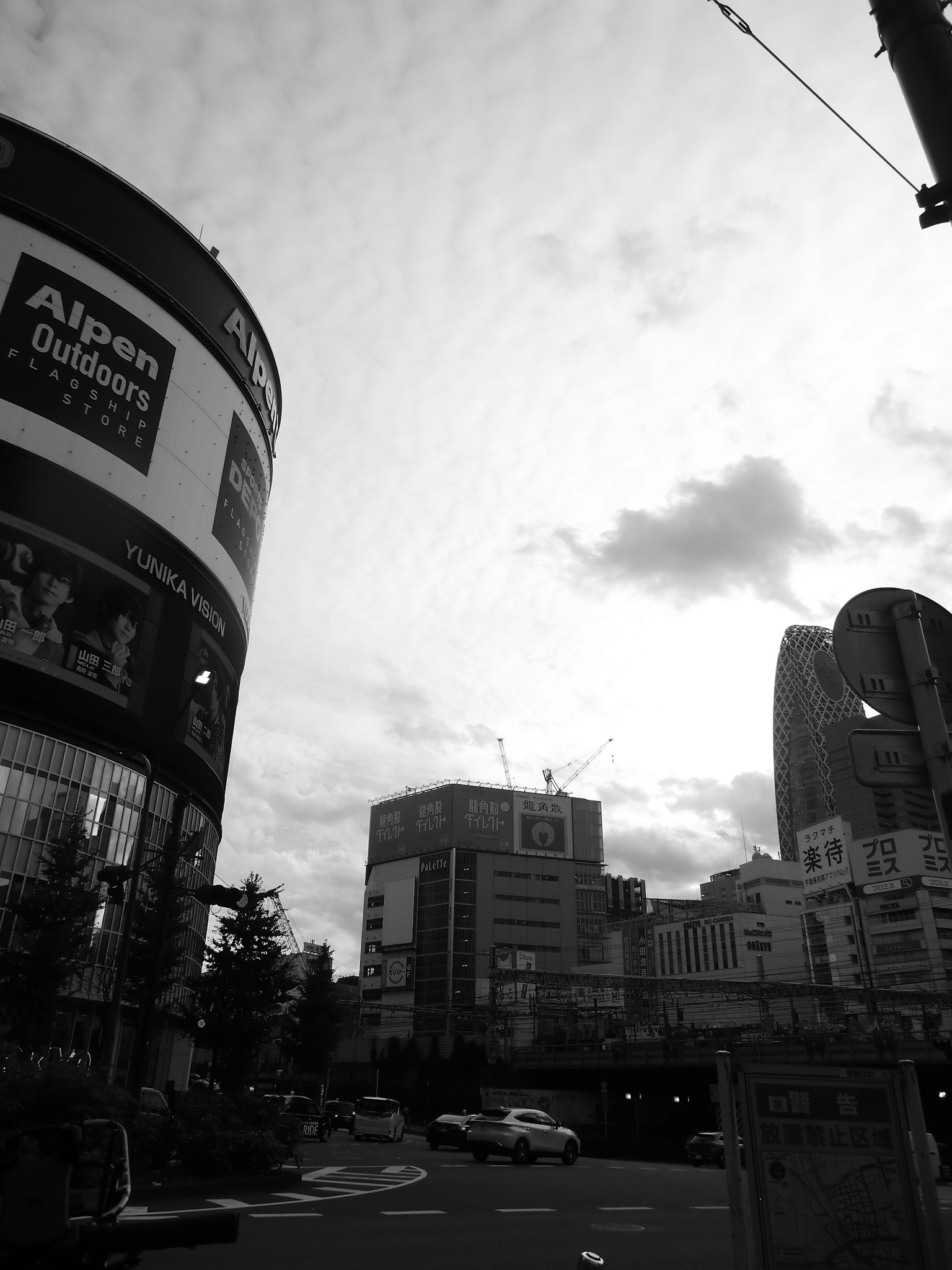 Scène urbaine en noir et blanc avec des bâtiments et des panneaux