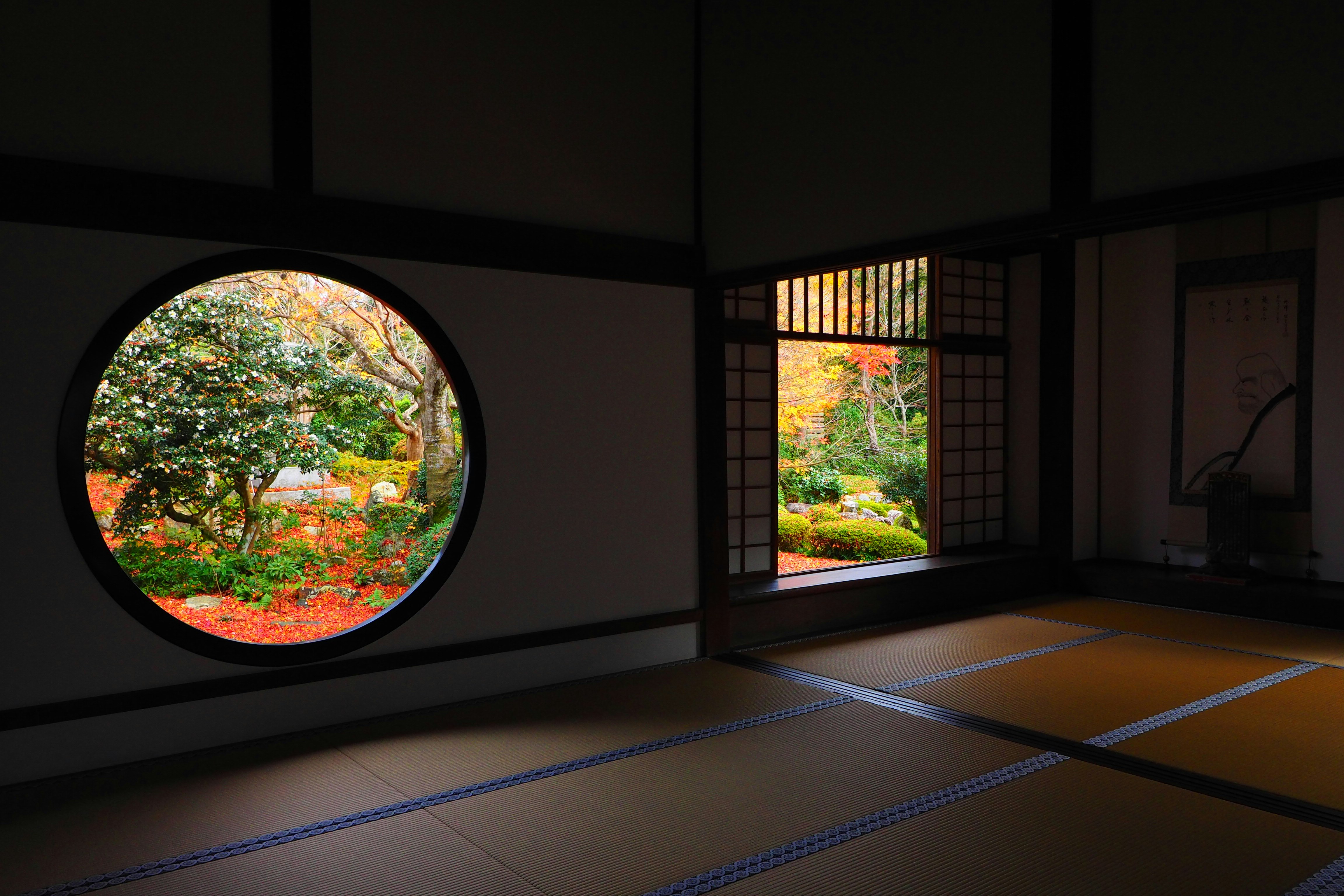 障子の窓から見える紅葉の庭が広がる和室