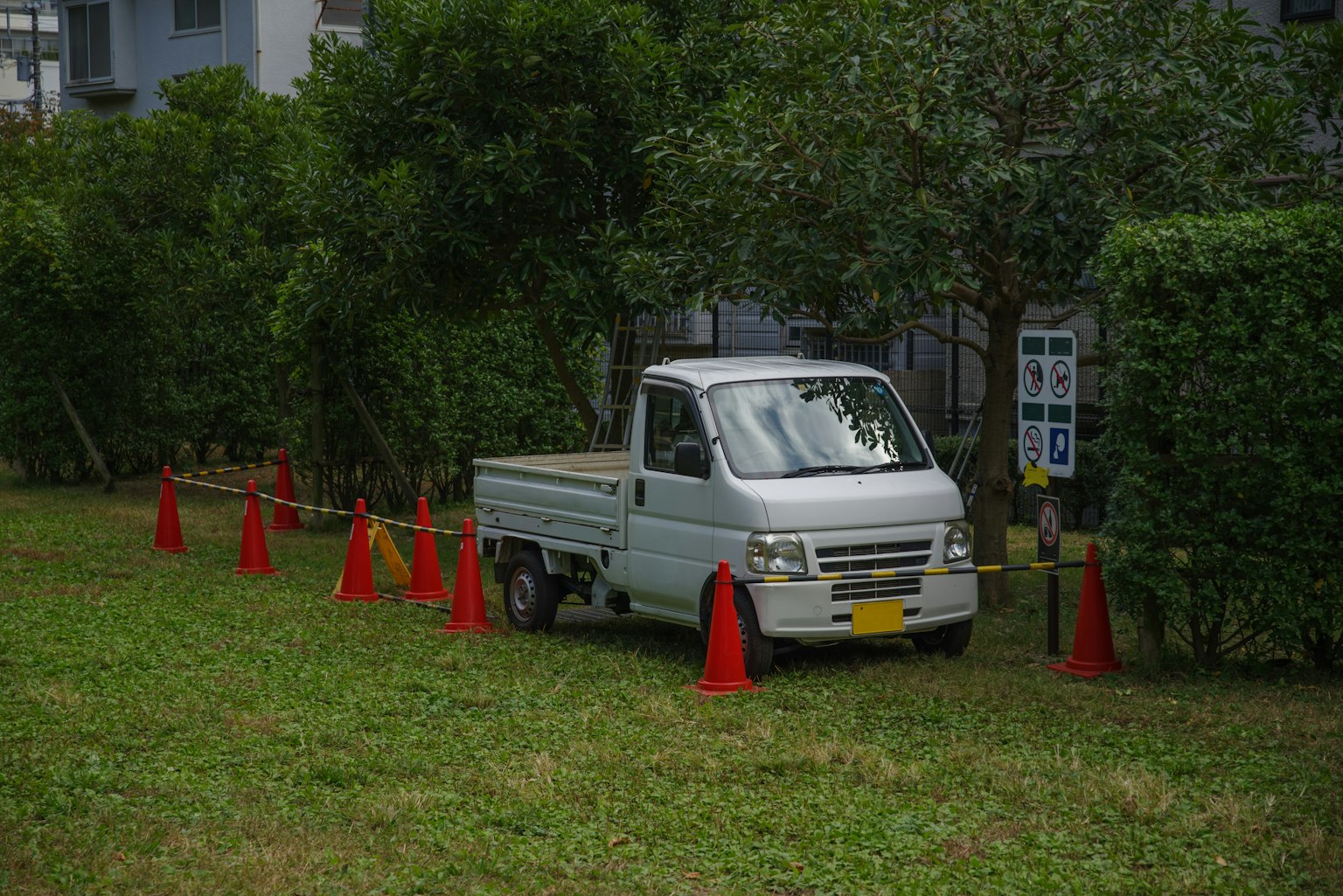 Un petit camion garé sur de l'herbe verte entouré de cônes rouges