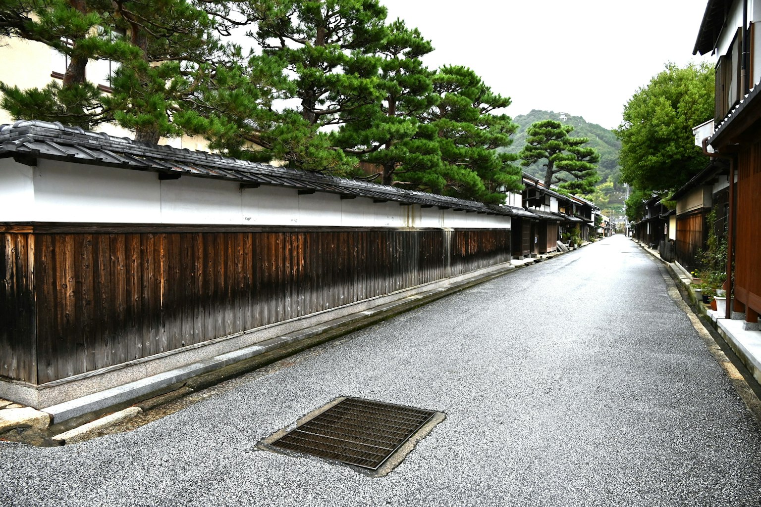 安靜的日本街道，旁邊是木牆和樹木