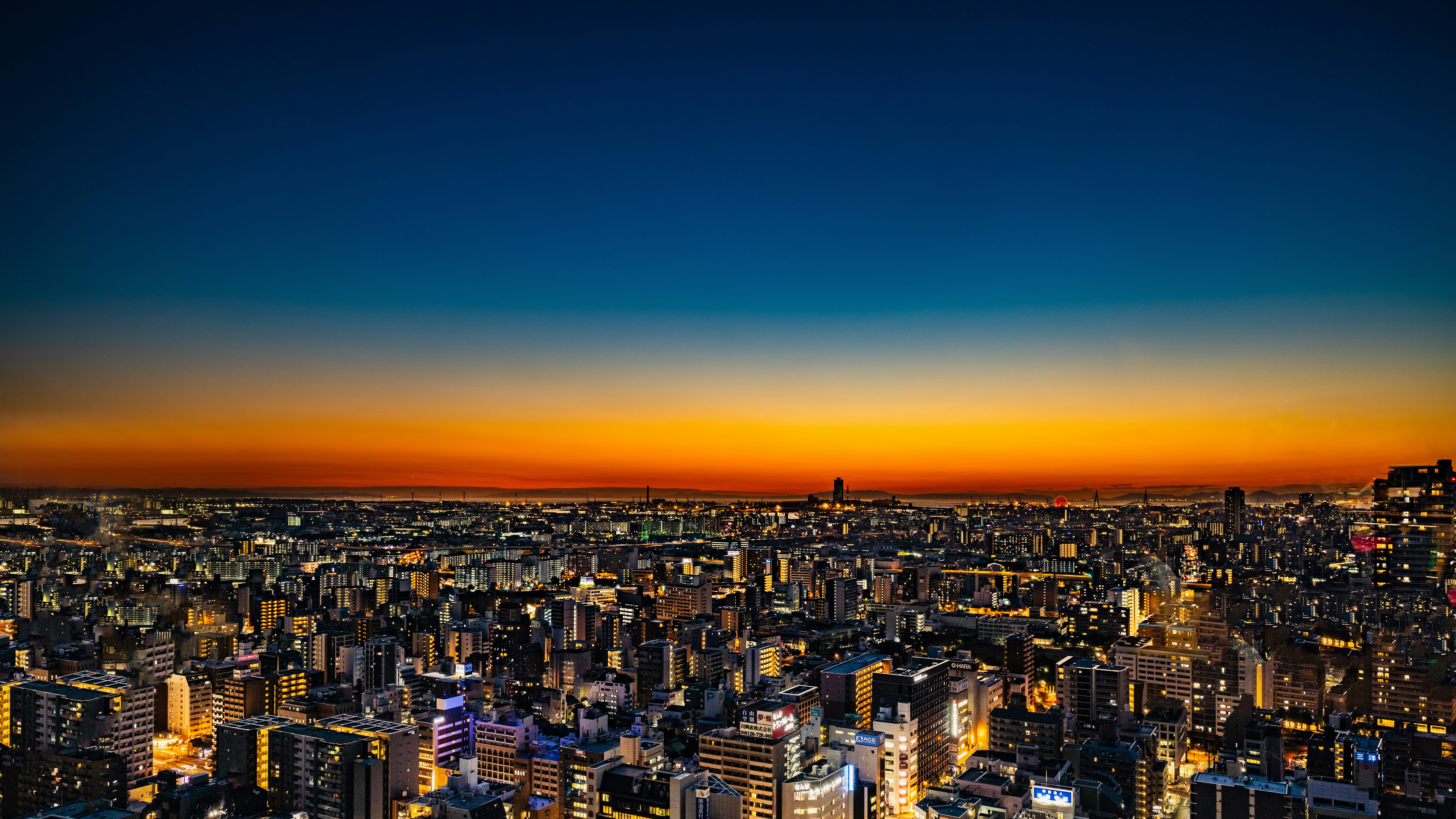 冬のマジックアワーの都会の夜景を見下ろす都市パノラマ