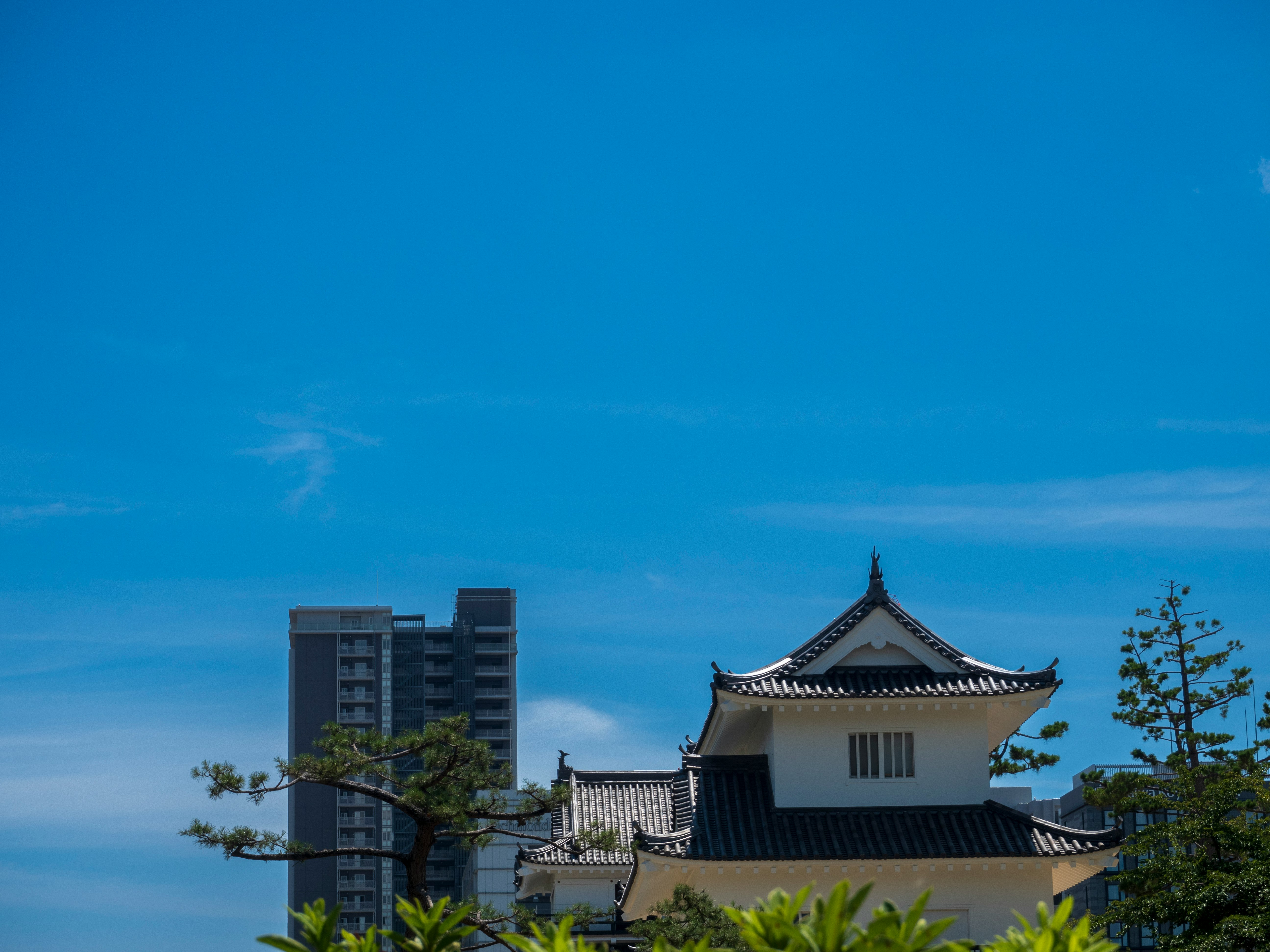 青空の下に佇む和風の城郭建築と高層マンション