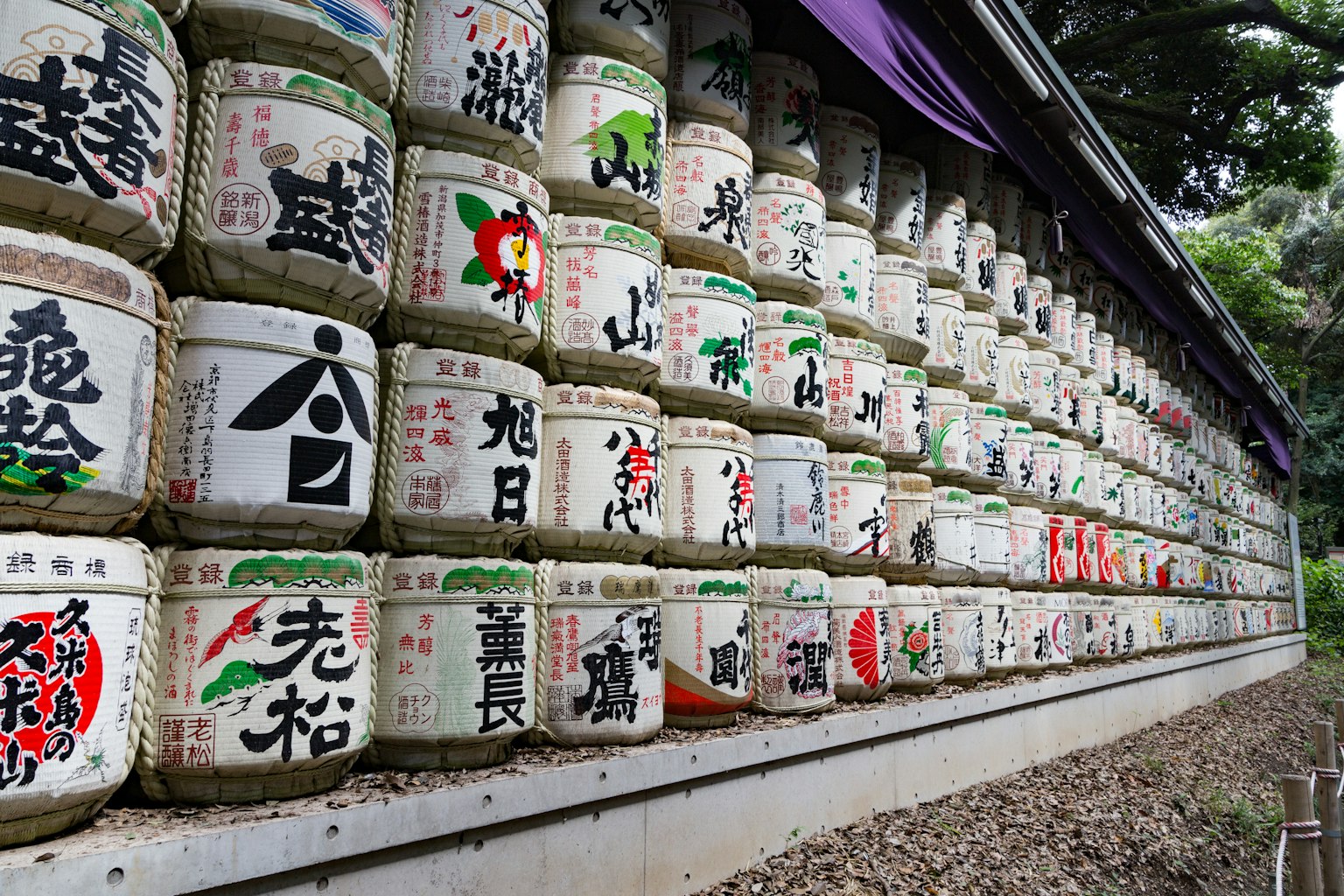Dinding tong sake di depan kuil dengan label berwarna-warni dan simbol budaya Jepang