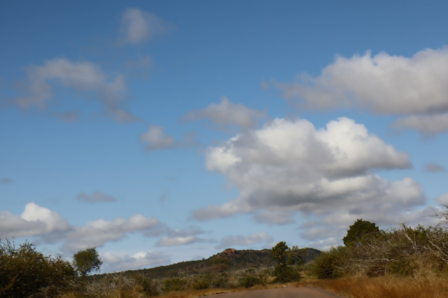 Landscape with blue sky and white clouds featuring dry grassland and low hills