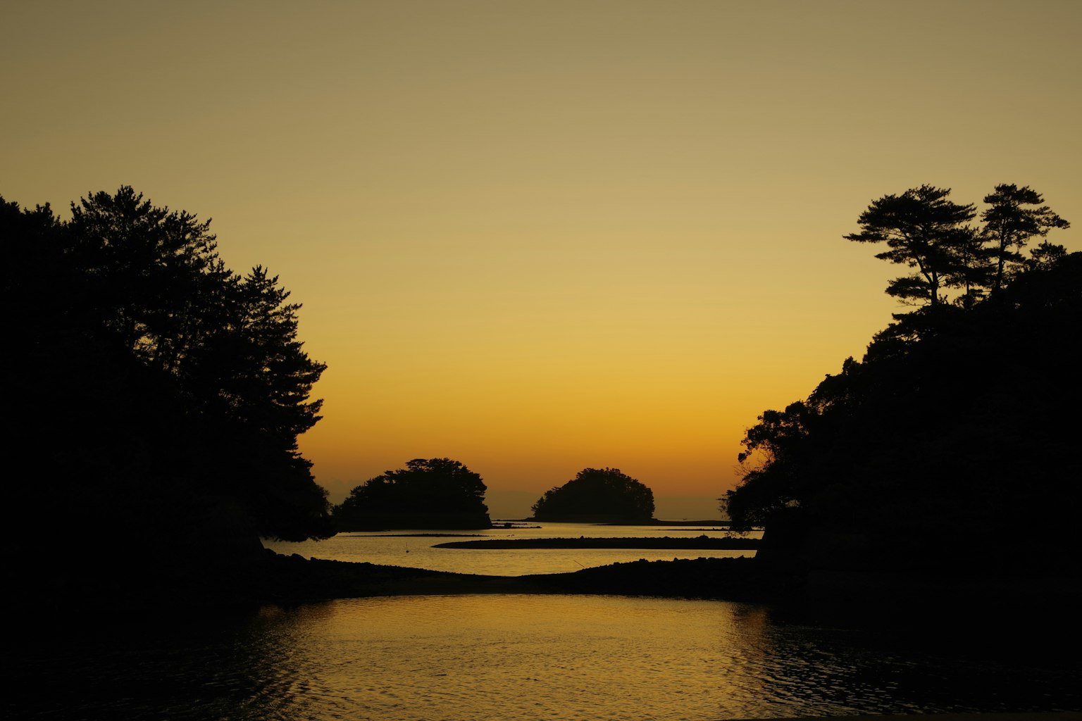 Bord de l'eau serein au crépuscule avec des îles et des arbres en silhouette