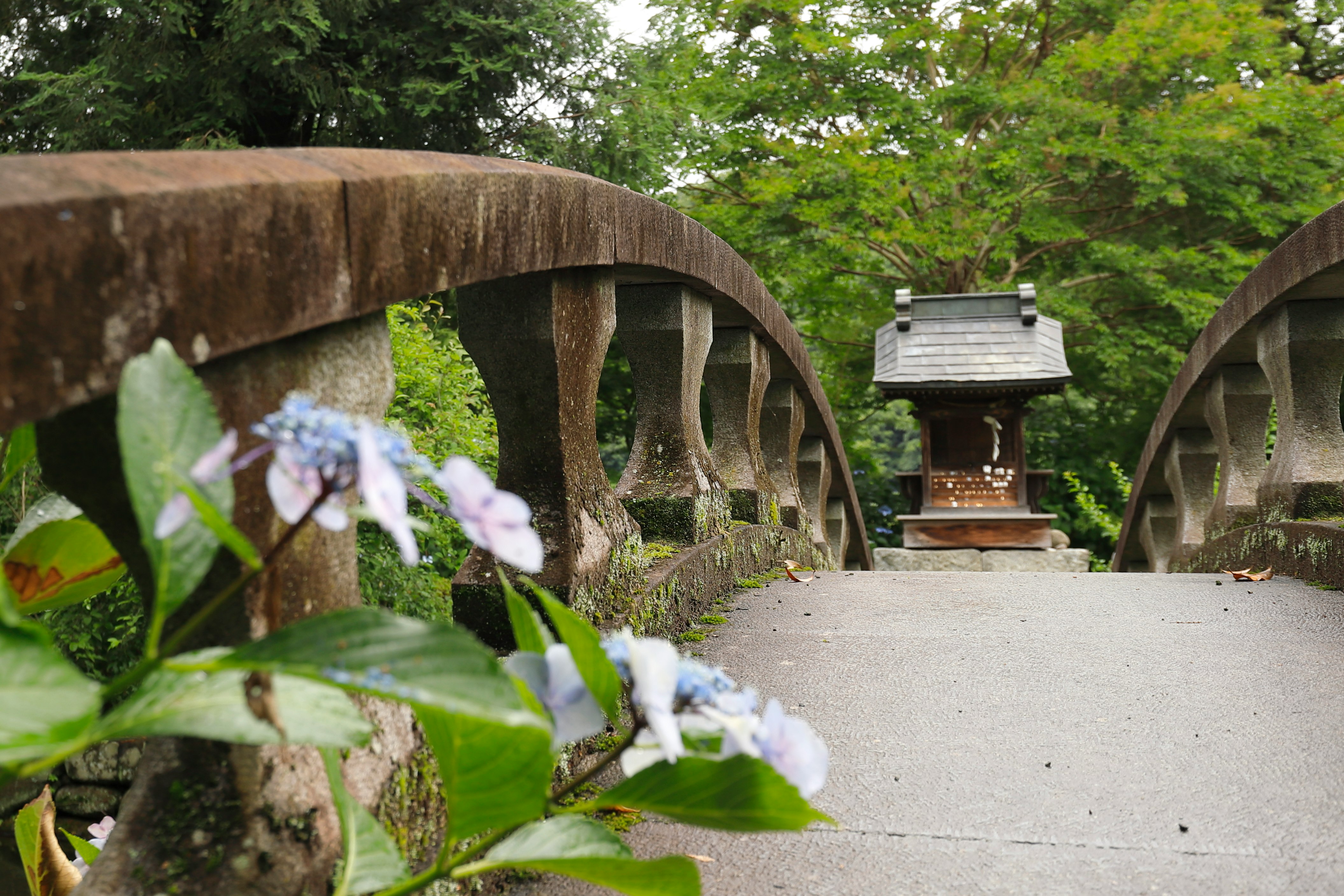 苔むした石造りの水車と小さな祠のある庭園の小道