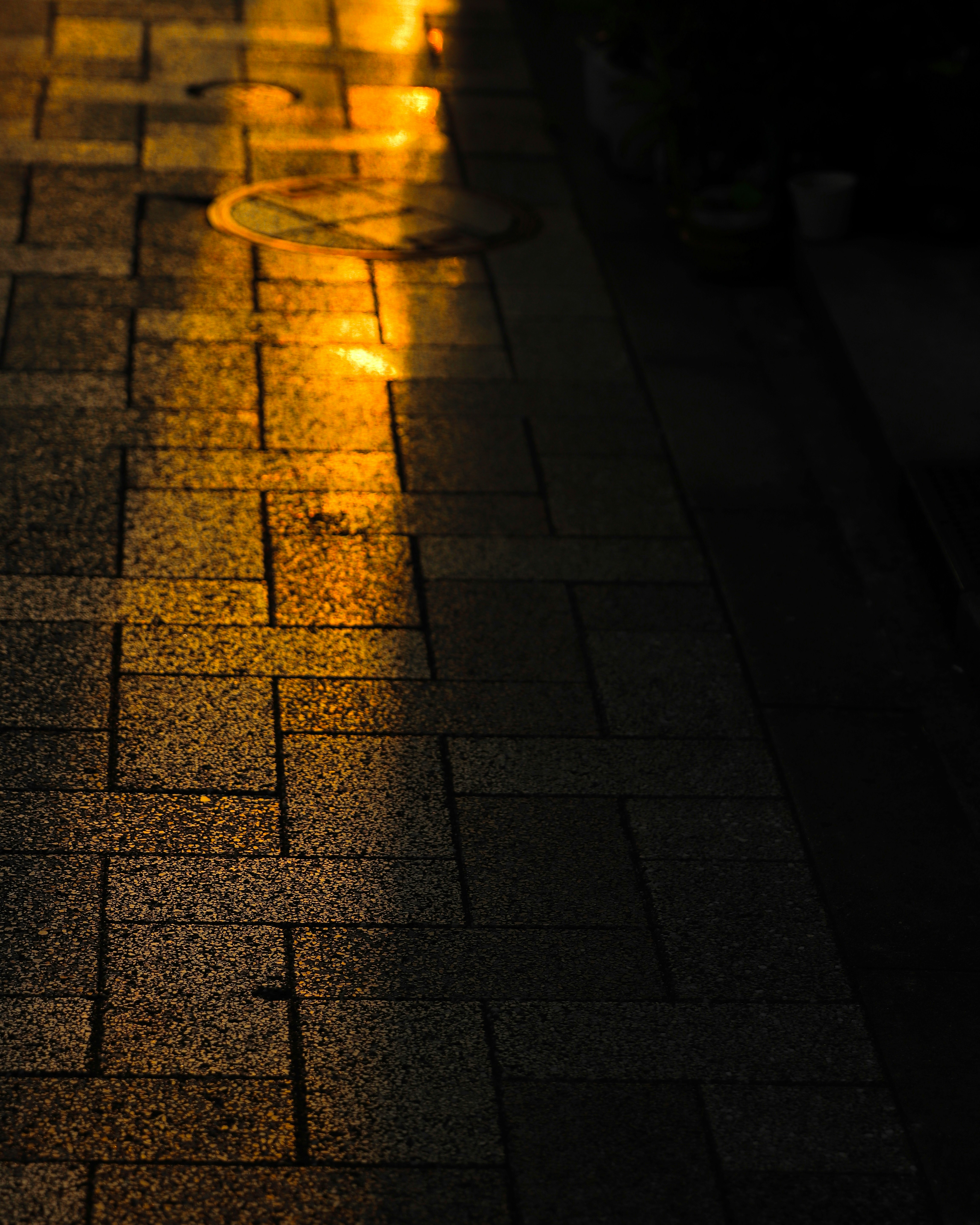 夜のレンガ敷きの路面に広がるオレンジ色の街灯の光