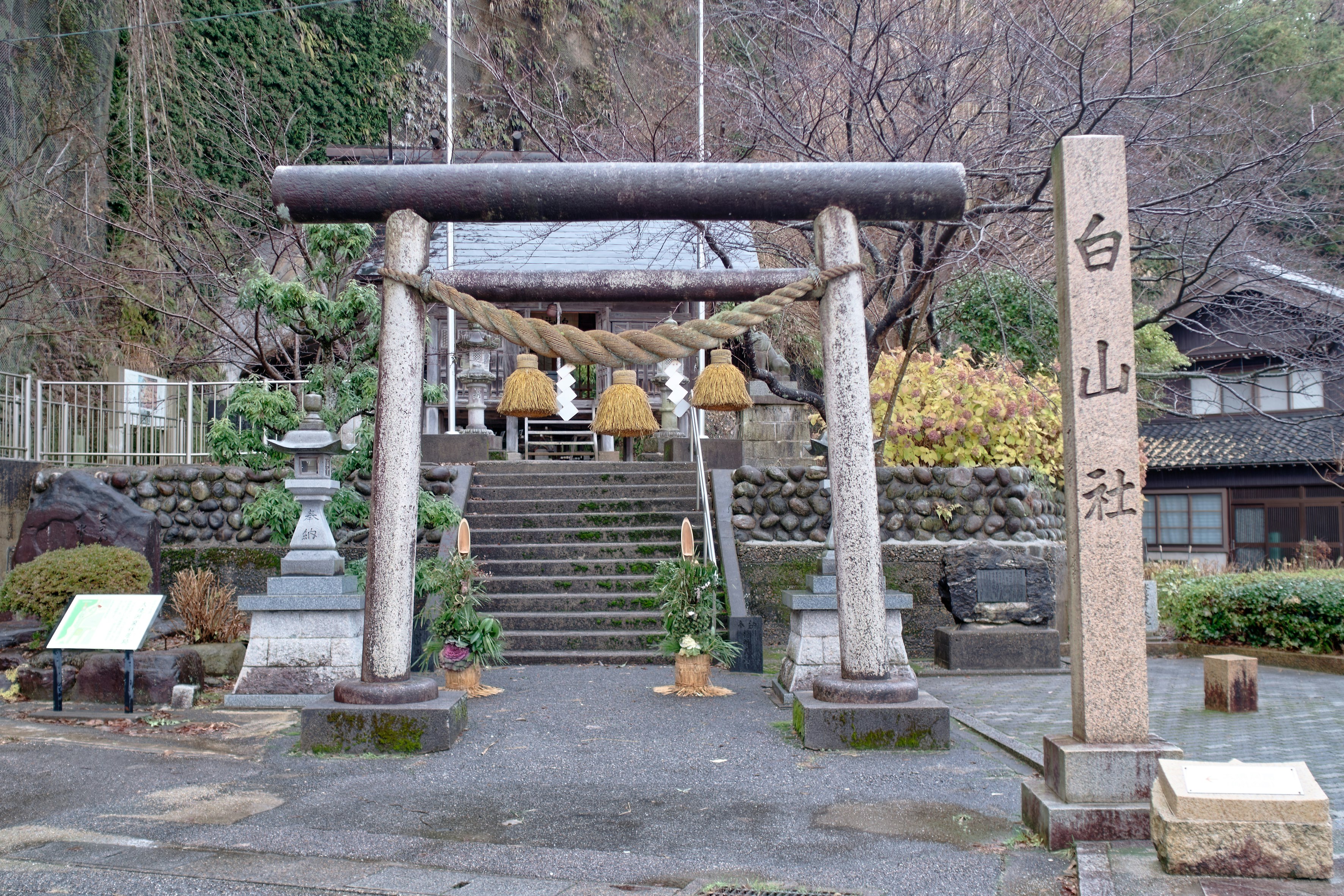 白山社の石段と鳥居のある神社境内