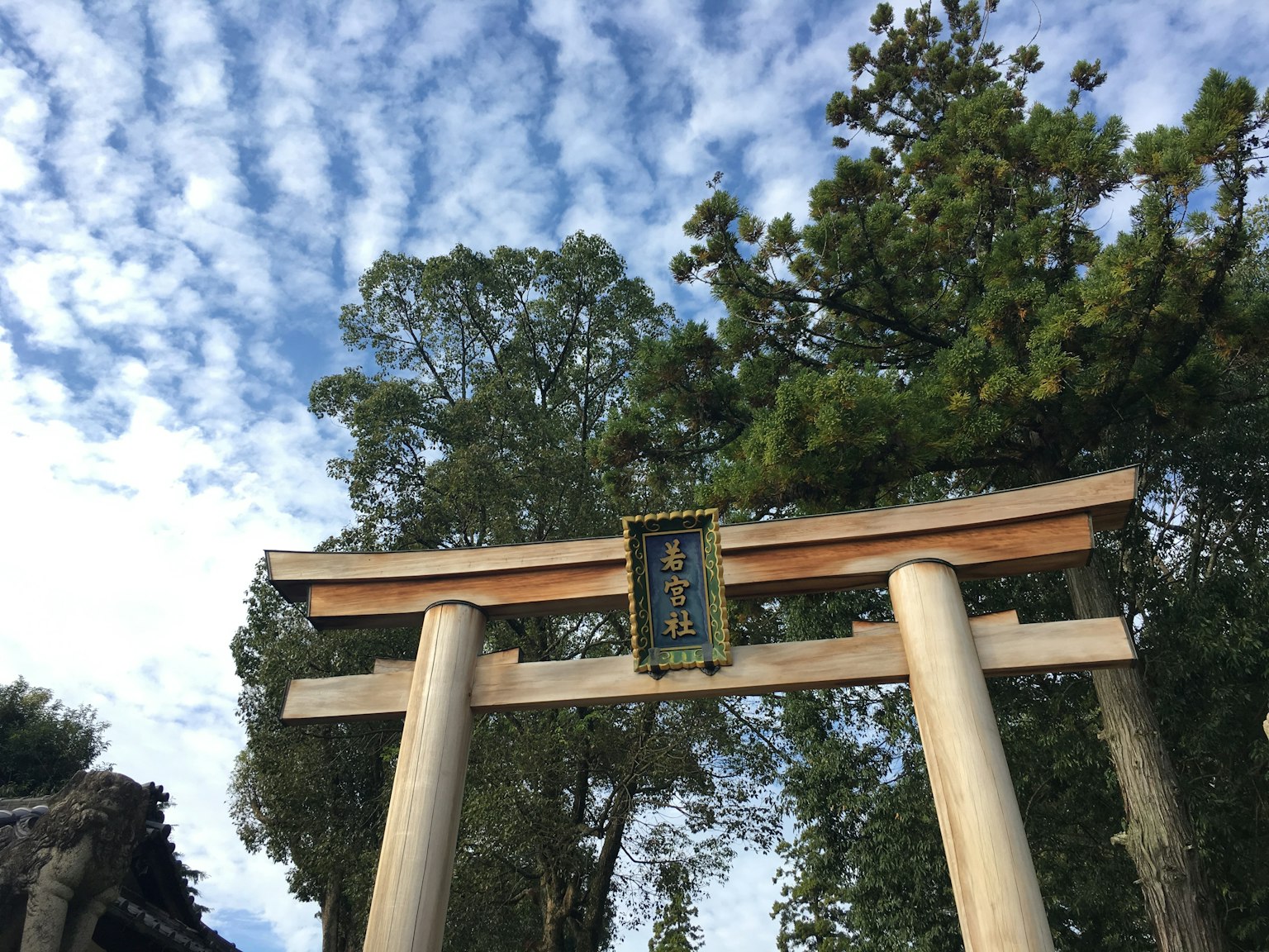 Gerbang torii kayu di bawah langit biru dengan pohon di latar belakang