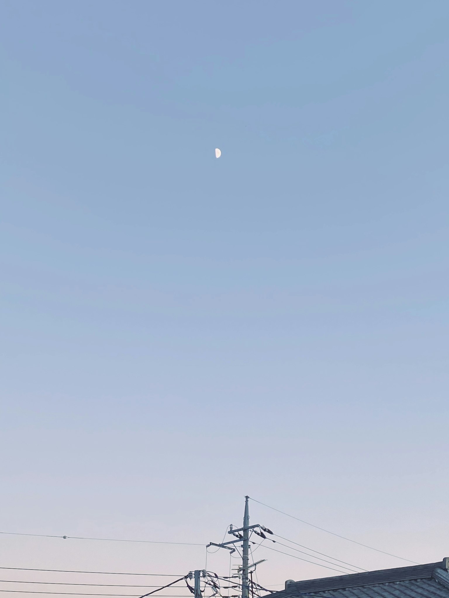 藍天中浮現的月亮和電線