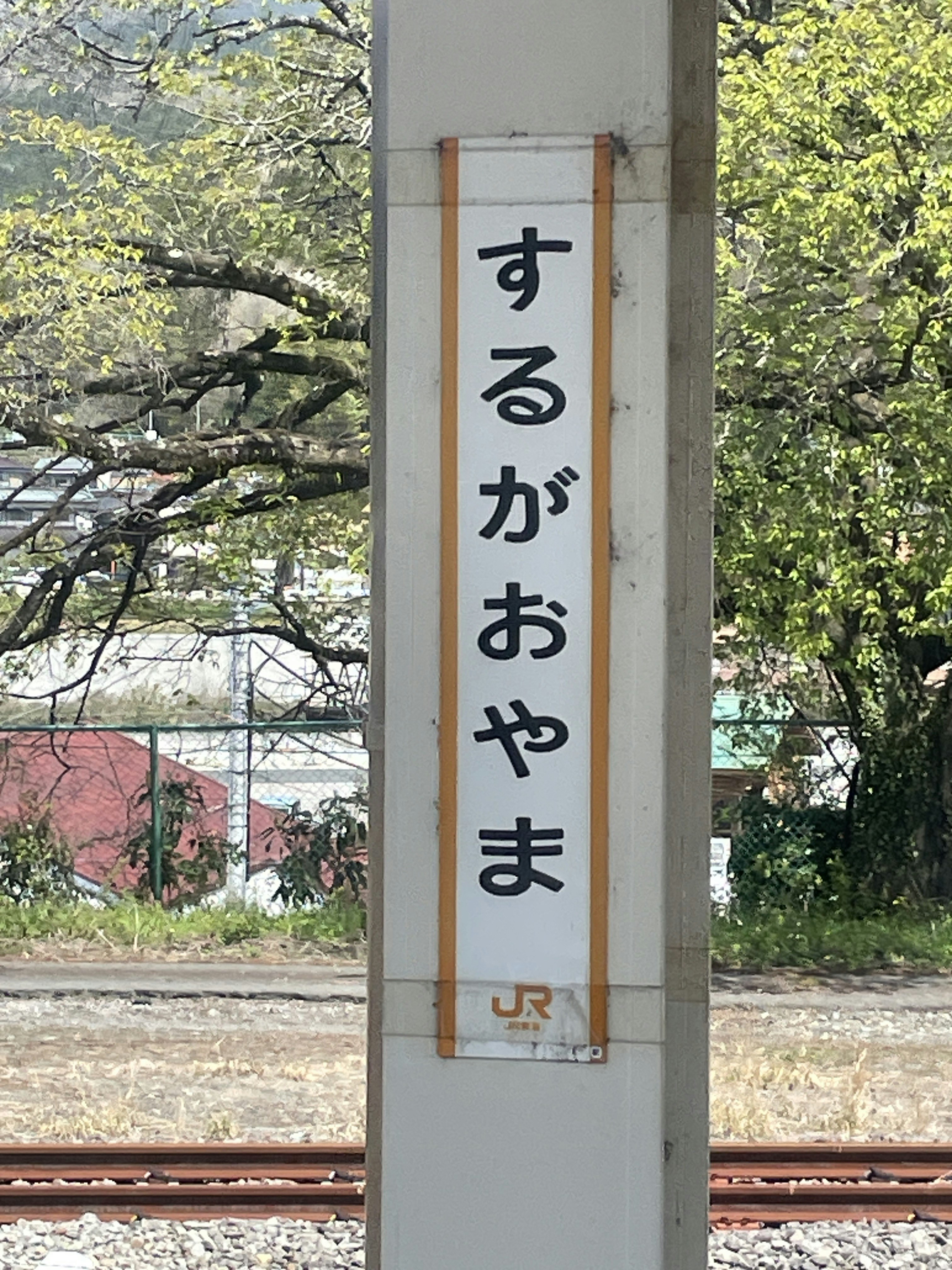 線路脇の駅名標と春の木々
