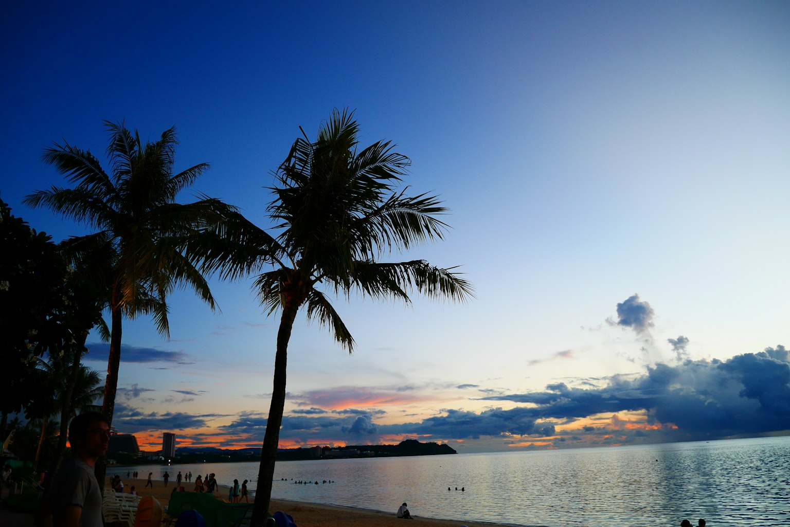 Palme silhouette contro un tranquillo tramonto sulla spiaggia e oceano calmo