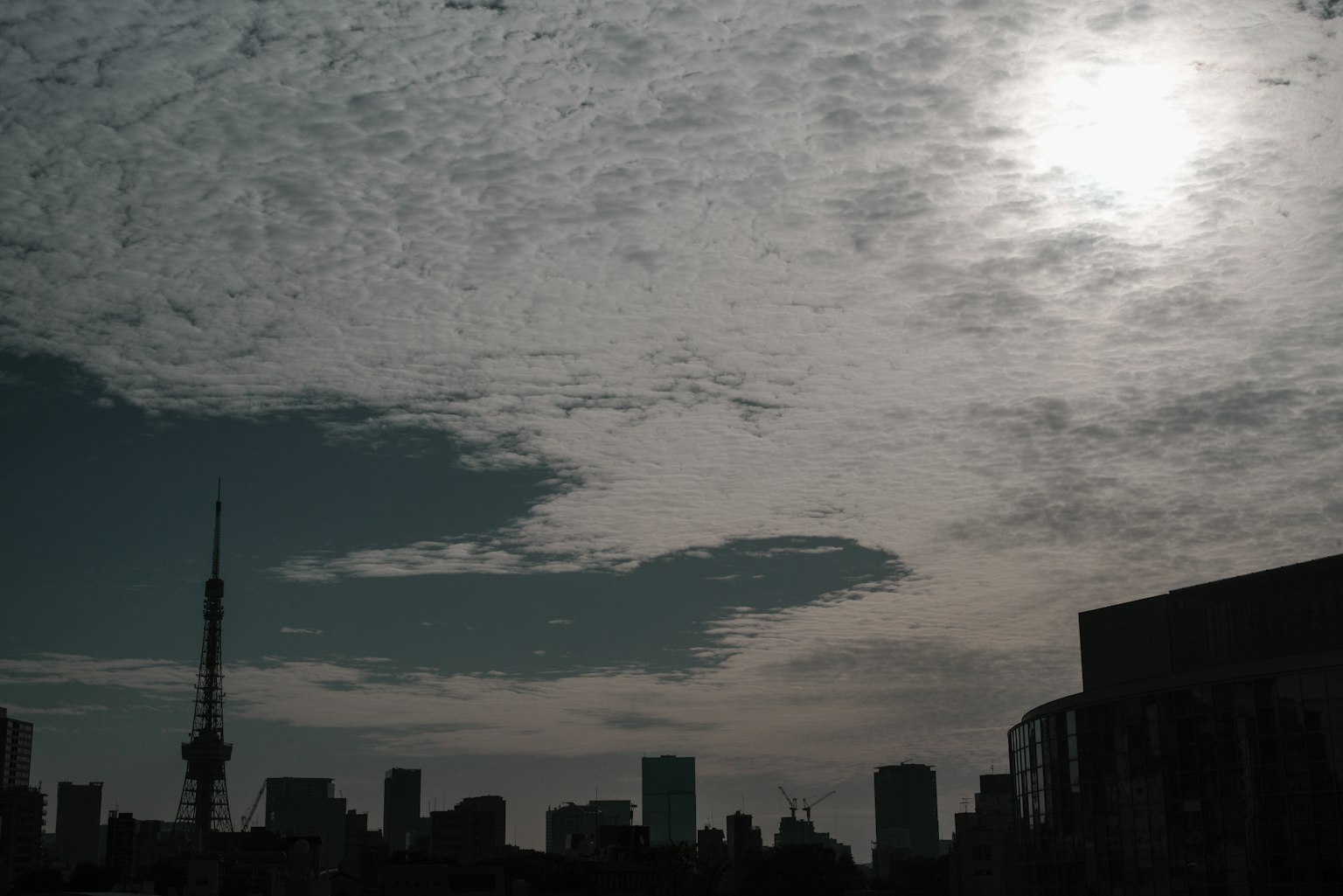 Silhouette della skyline di Tokyo contro un cielo nuvoloso