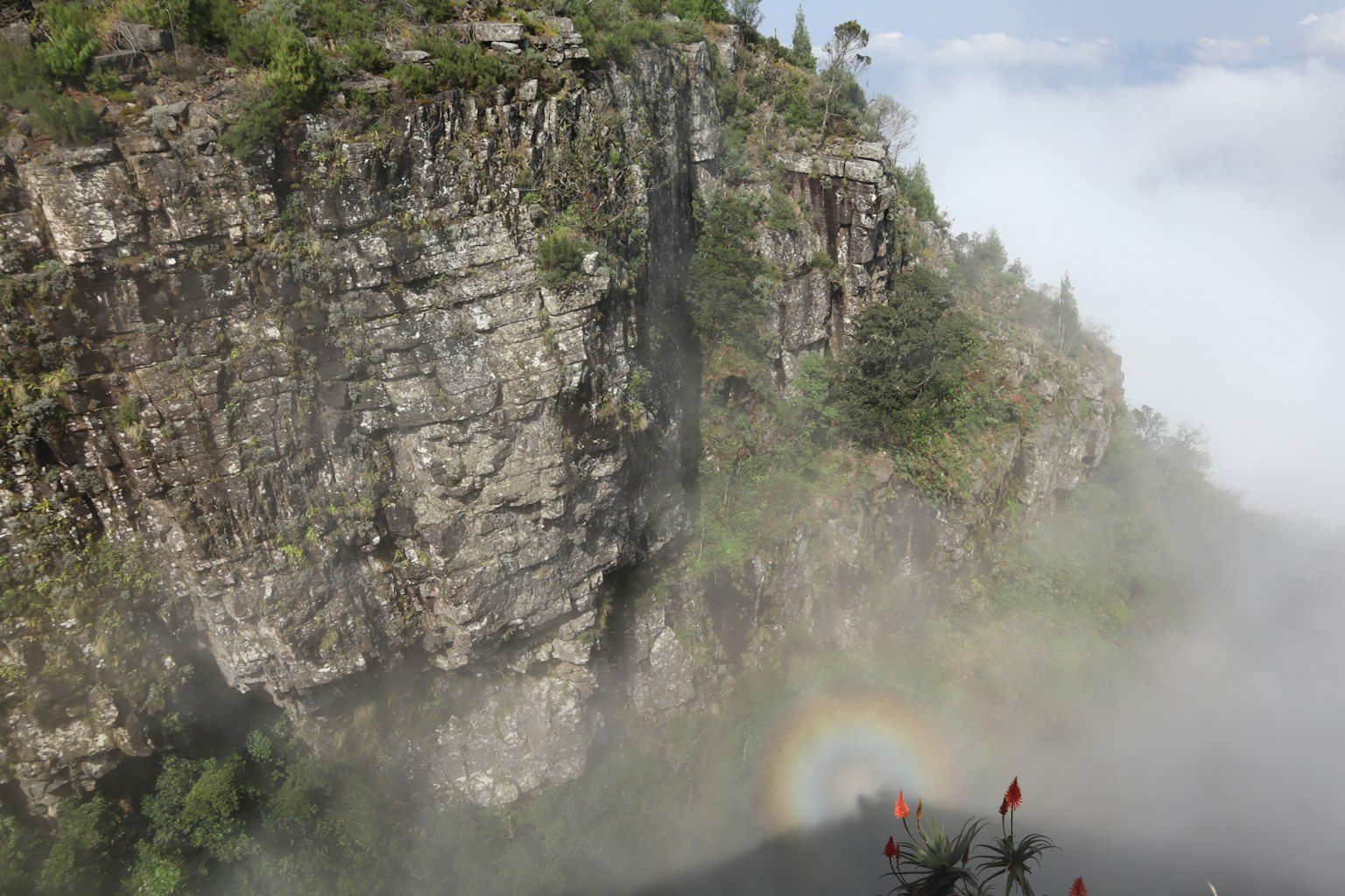 Acantilado con cascada rodeada de niebla con un arcoíris