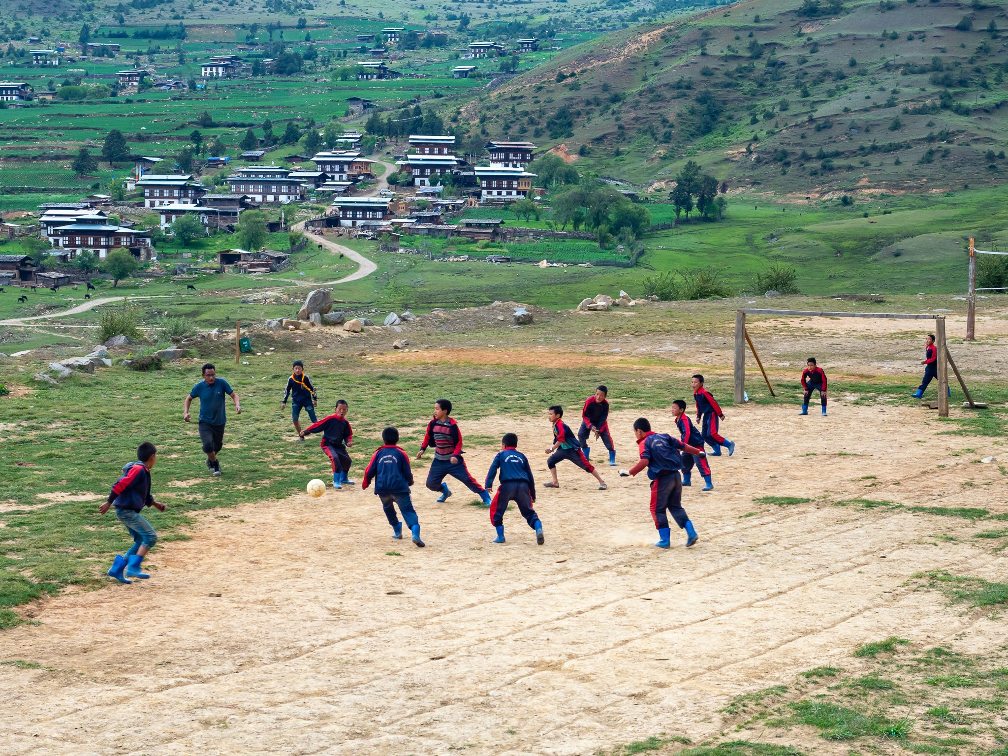 children running on a hillside field trip scene
