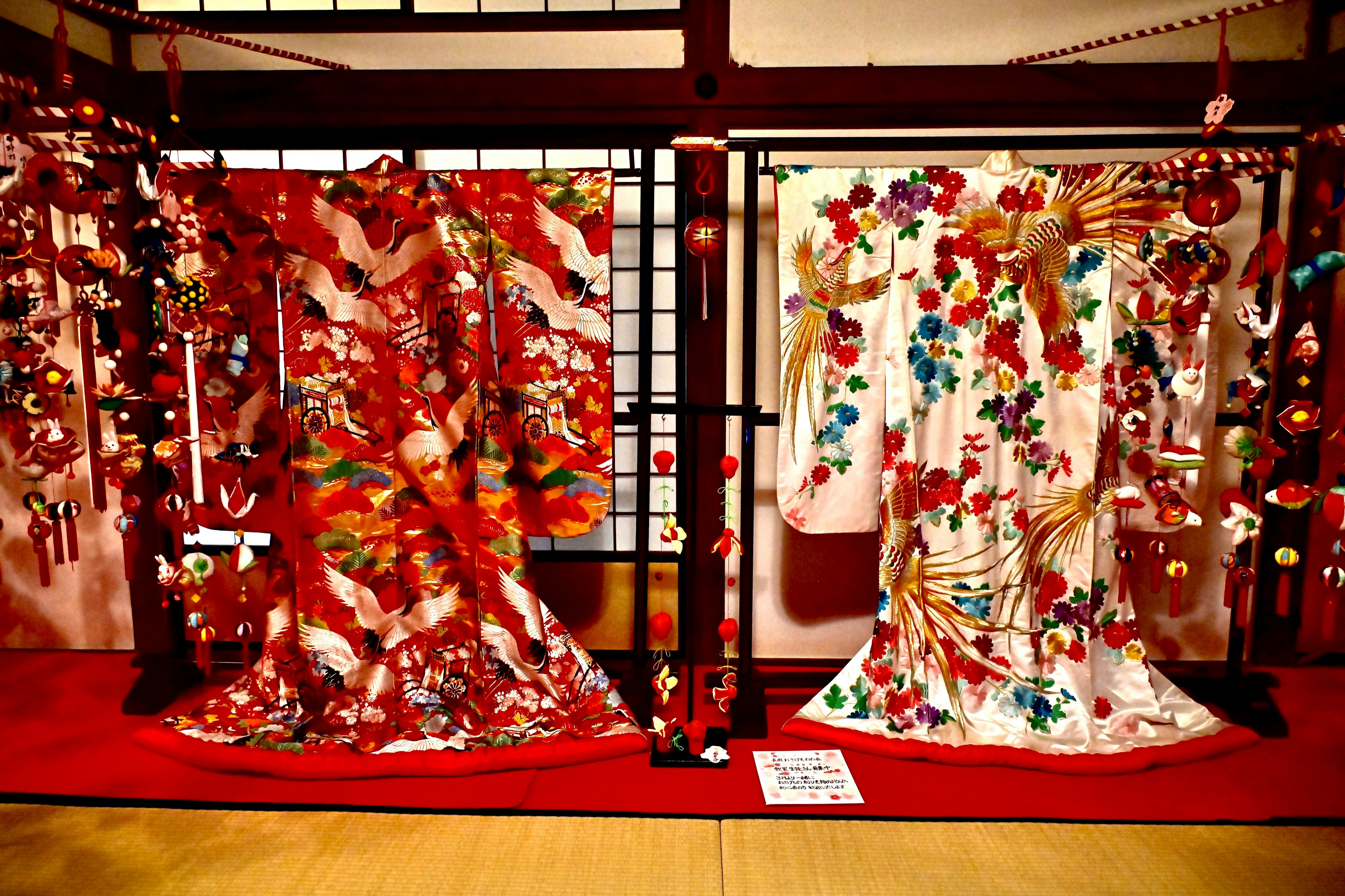 vibrant kimono display with red garments
