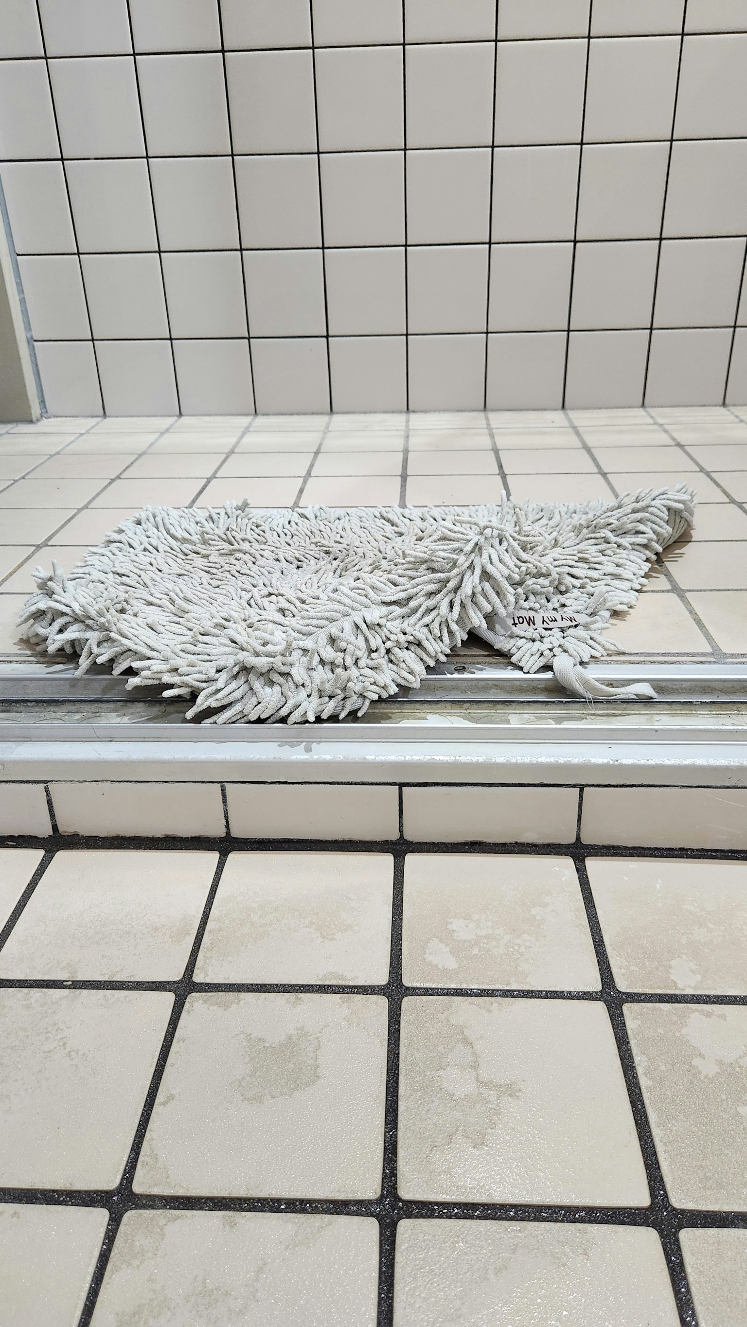 Un tappeto simile a un mocio bianco posato su un pavimento piastrellato