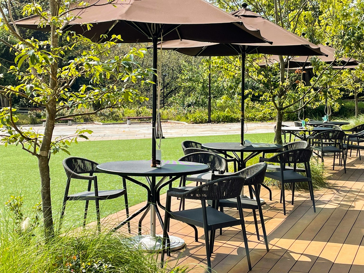 Área de café al aire libre con mesas y sillas rodeadas de vegetación