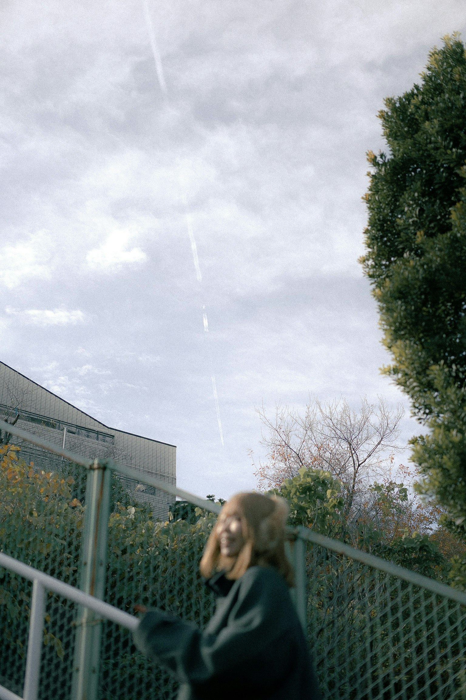 一名女性正在上樓梯，背景是陰雲密布的天空和樹木